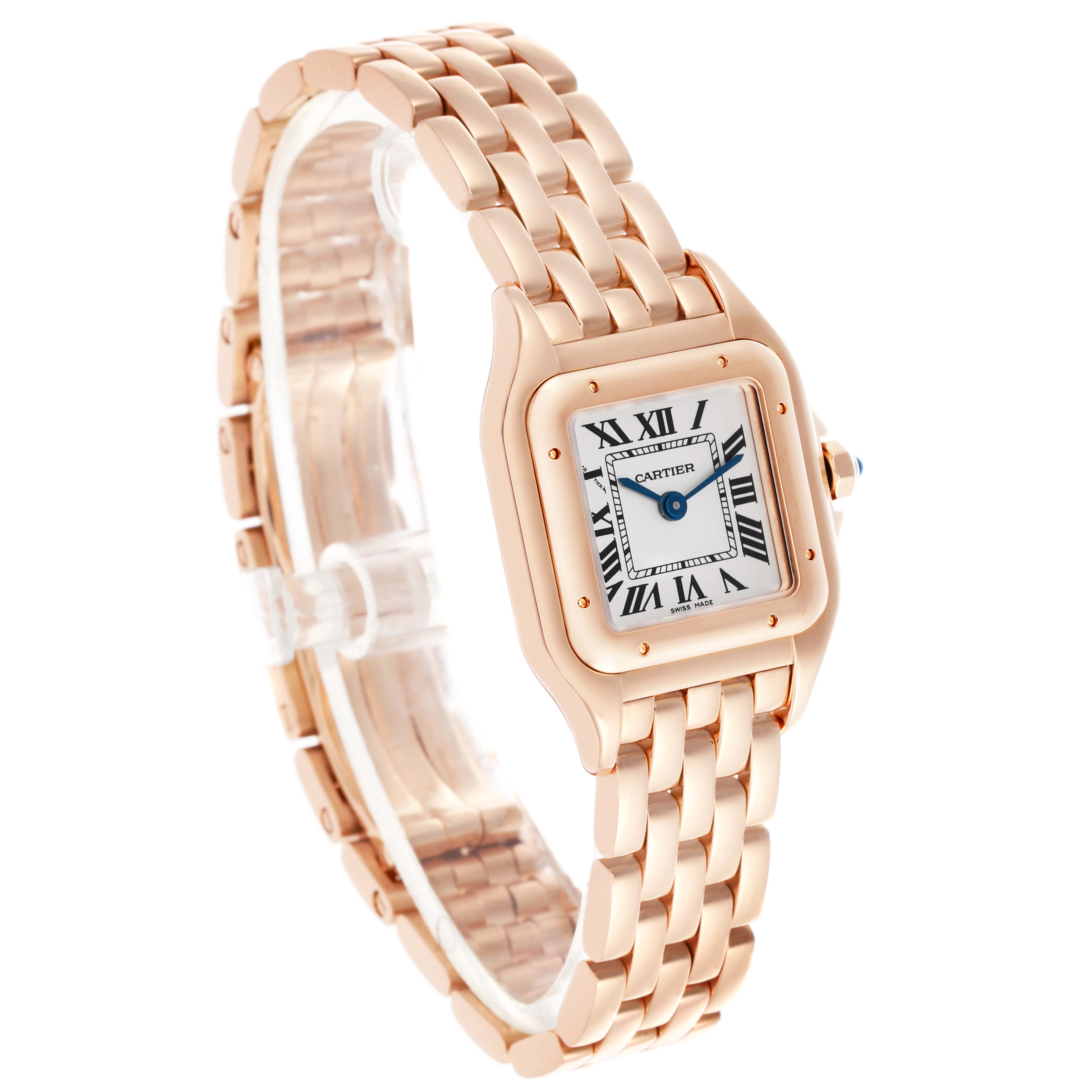 The Cartier Panthere WGPN0006 Women's Rose Gold Silver Dial WGPN0006 Women's Rose Gold Silver Dial watch is shown at an angled view, displaying the face, bracelet, and crown.