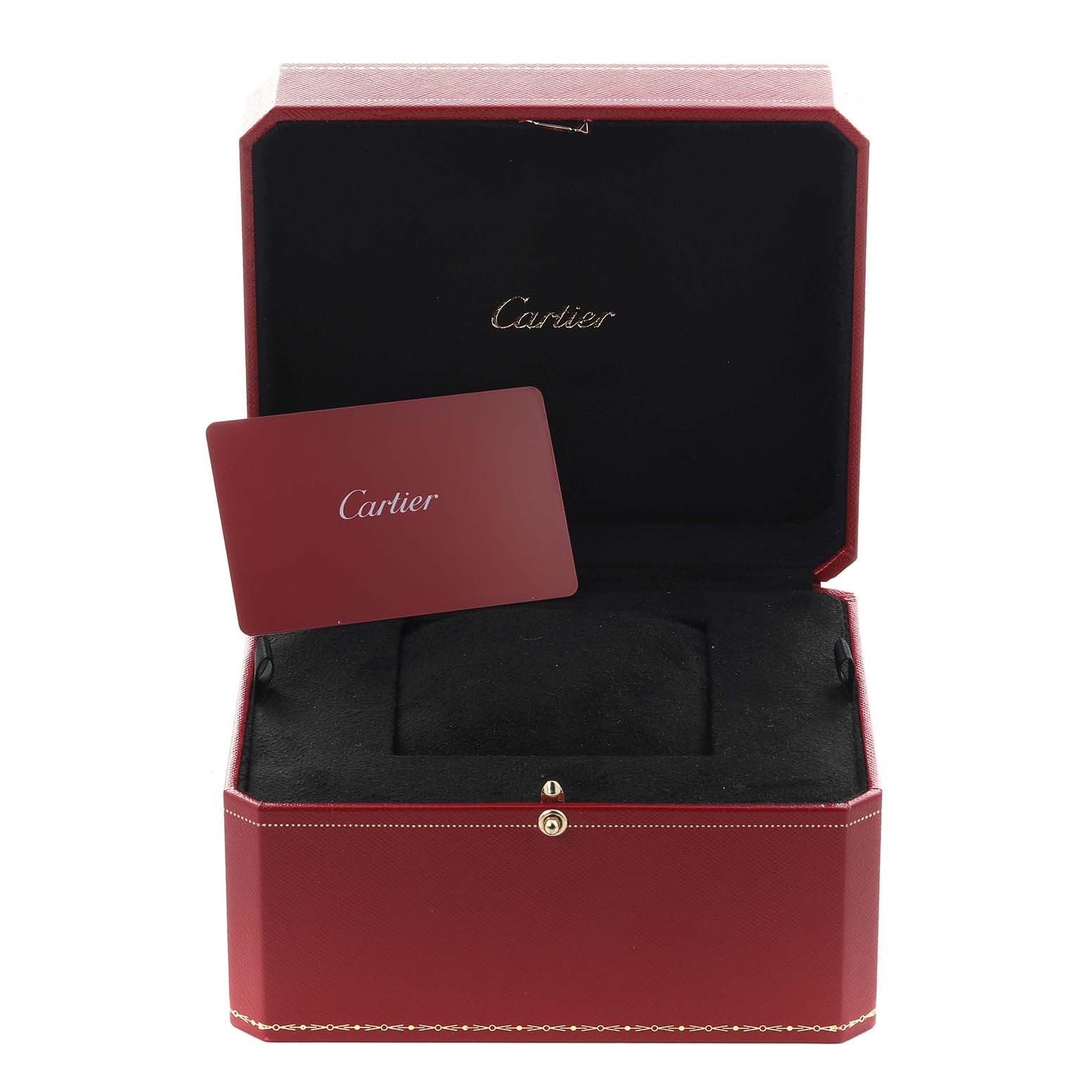 The image shows the Cartier Panthere WGPN0006 Women's Rose Gold Silver Dial WGPN0006 Women's Rose Gold Silver Dial watch's box and a Cartier card, viewed from the front.