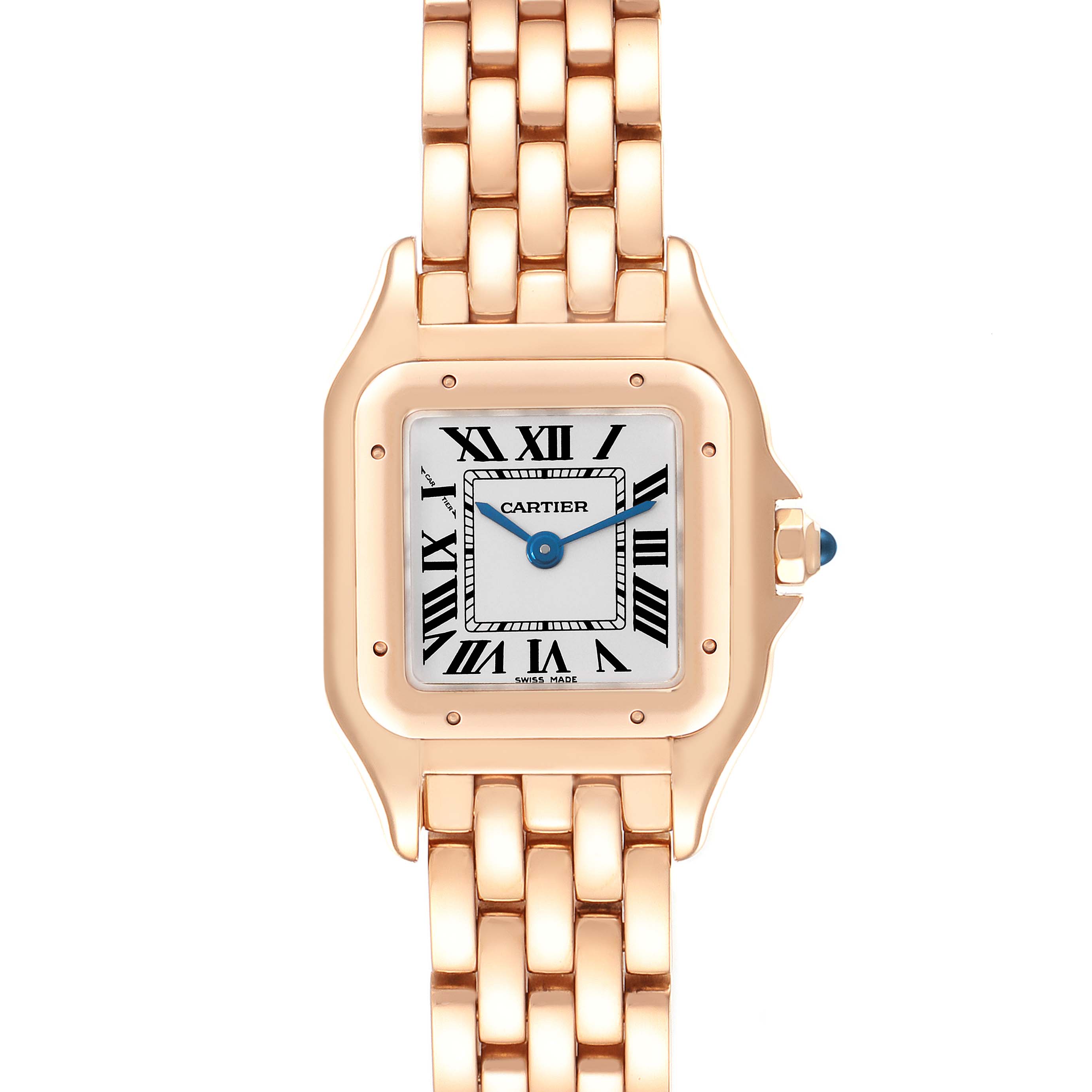 The Cartier Panthere WGPN0006 Women's Rose Gold Silver Dial WGPN0006 Women's Rose Gold Silver Dial watch is shown from a top view, highlighting its square gold case, Roman numeral dial, and bracelet.