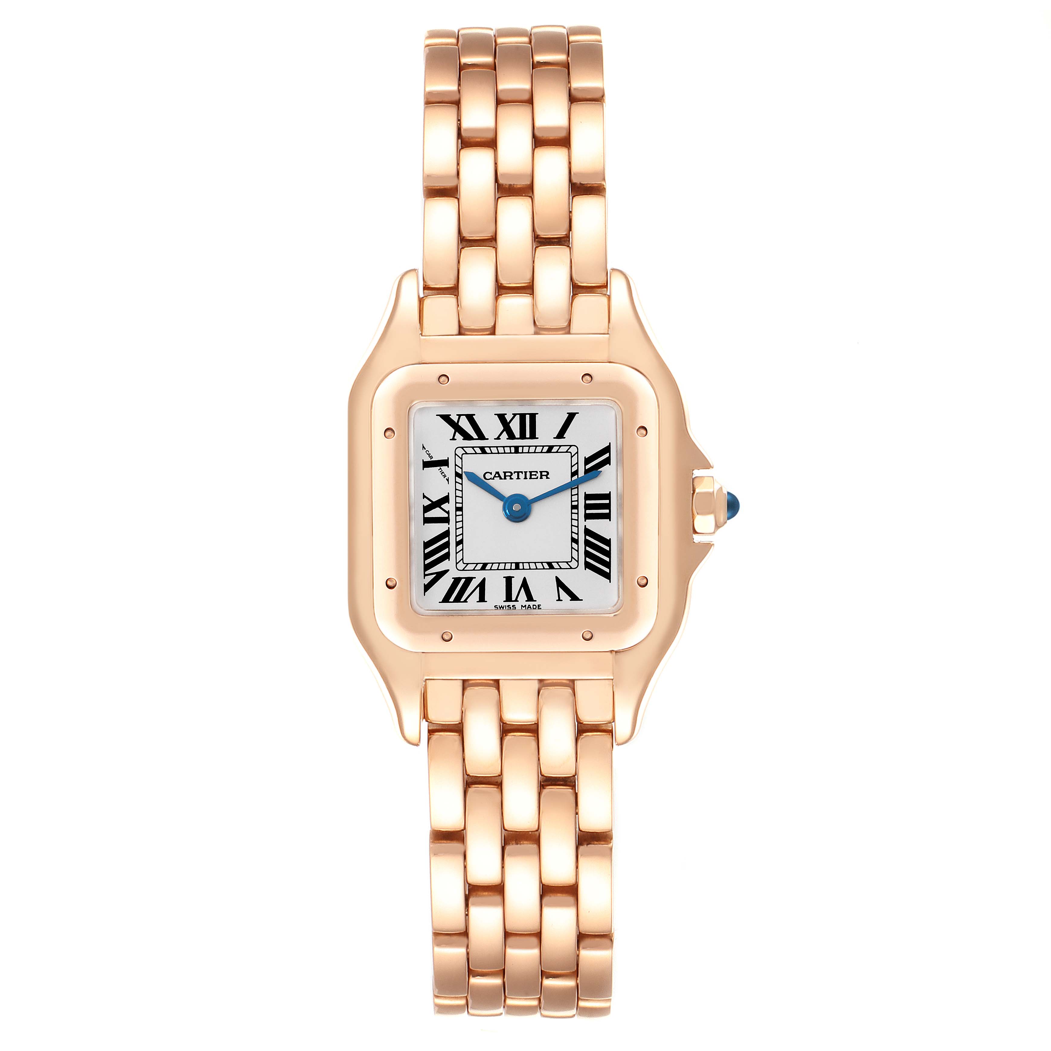 The Cartier Panthère watch is shown from a top-down angle, displaying the face, case, and full bracelet.