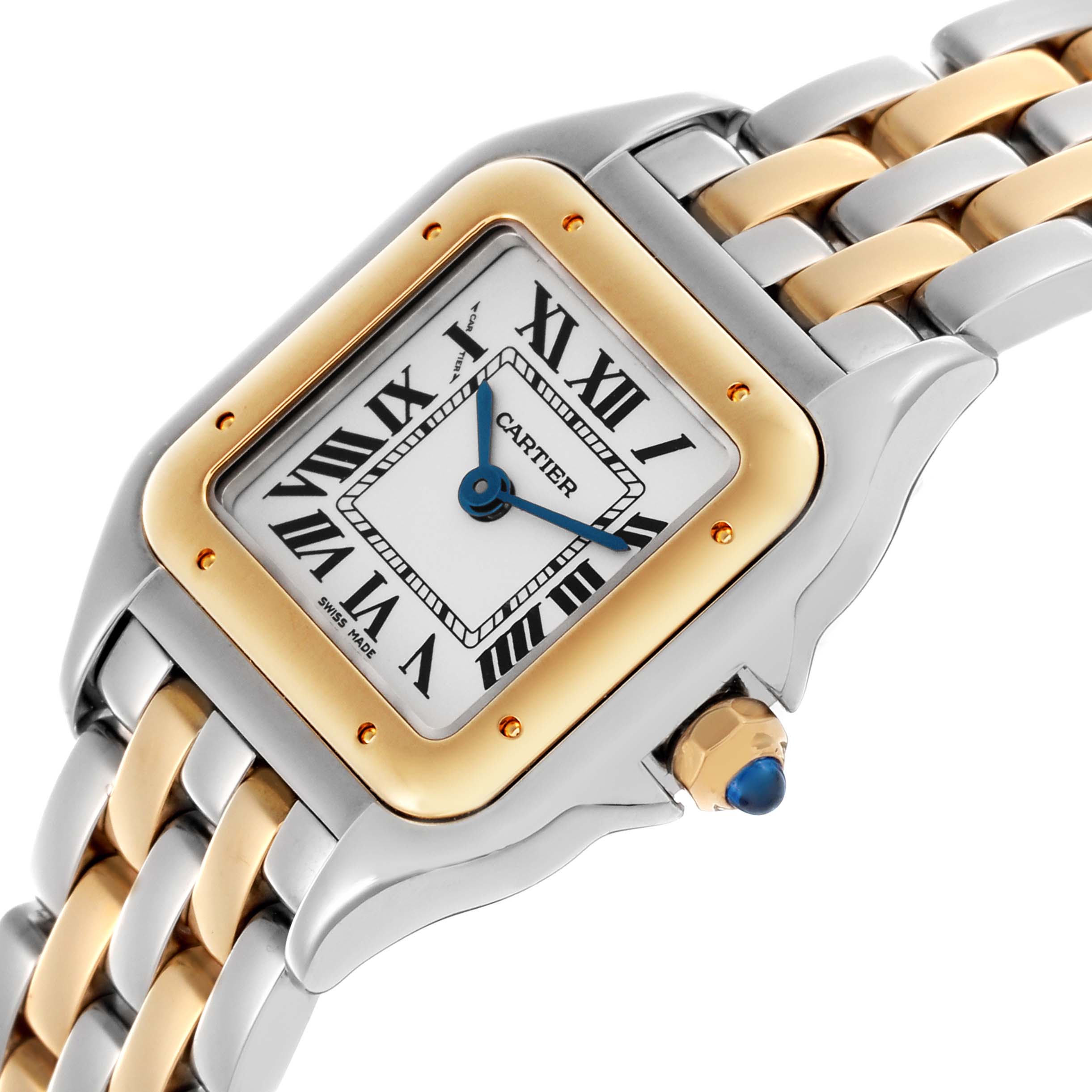 The Panthere de Cartier watch is shown at an angled view, highlighting the square face, two-tone bracelet, and blue jeweled crown.