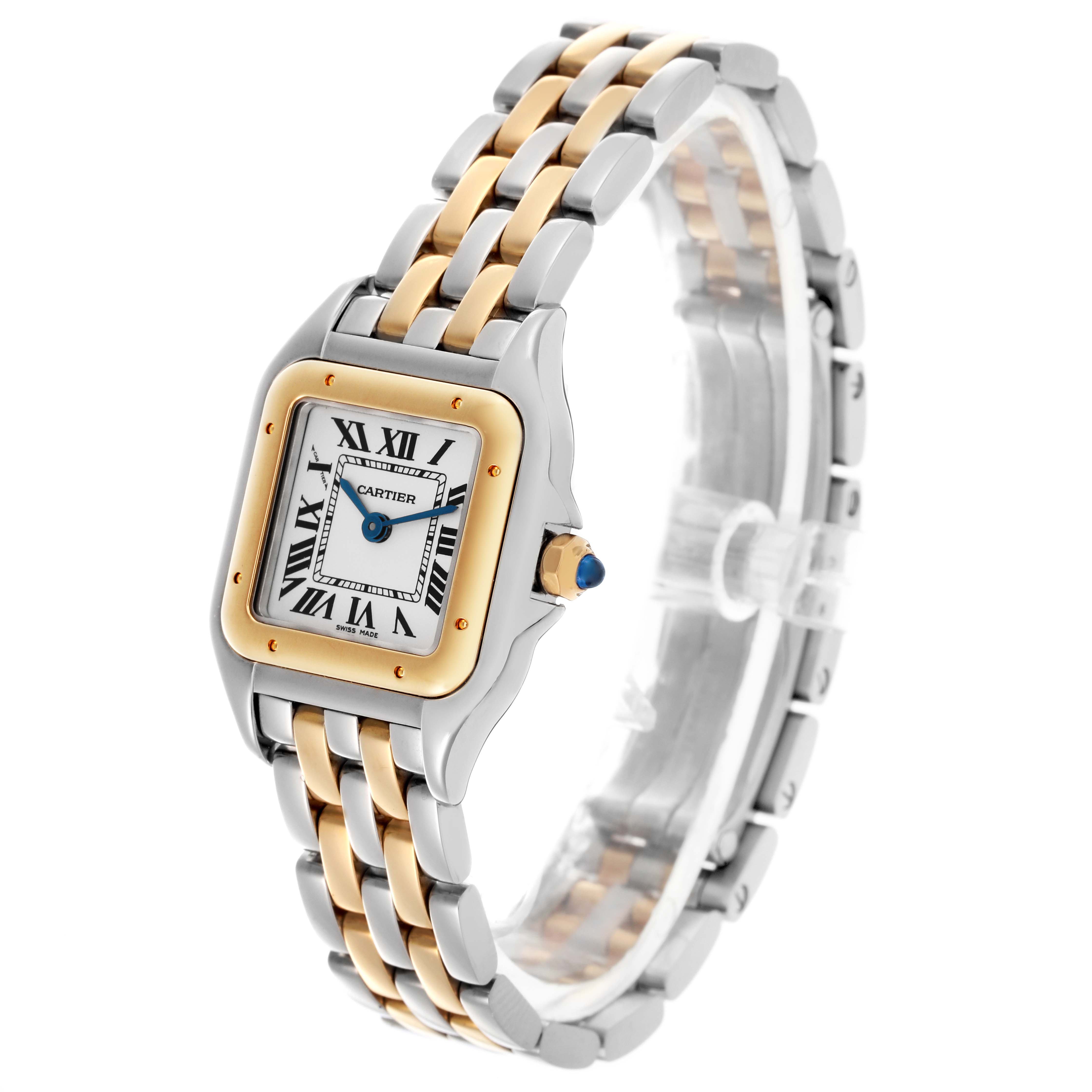 The Cartier Panthere W2PN0006 Women's Steel and Gold (two tone) Silver Dial W2PN0006 Women's Steel and Gold (two tone) Silver Dial watch is angled to show the face, bezel, side profile, and part of the metal bracelet.