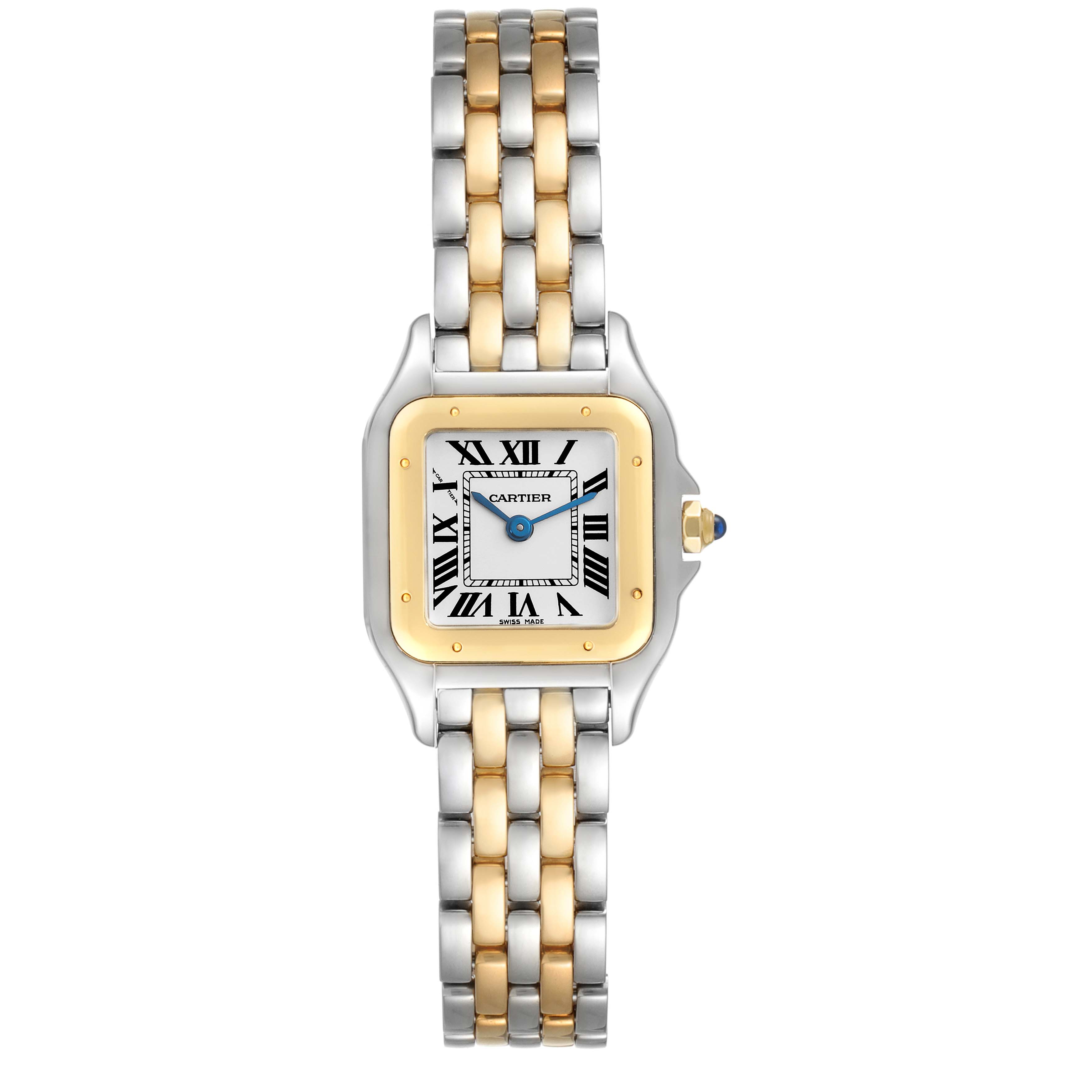 The Cartier Panthere W2PN0006 Women's Steel and Gold (two tone) Silver Dial W2PN0006 Women's Steel and Gold (two tone) Silver Dial watch is shown from a top view, highlighting its two-tone bracelet and square dial.