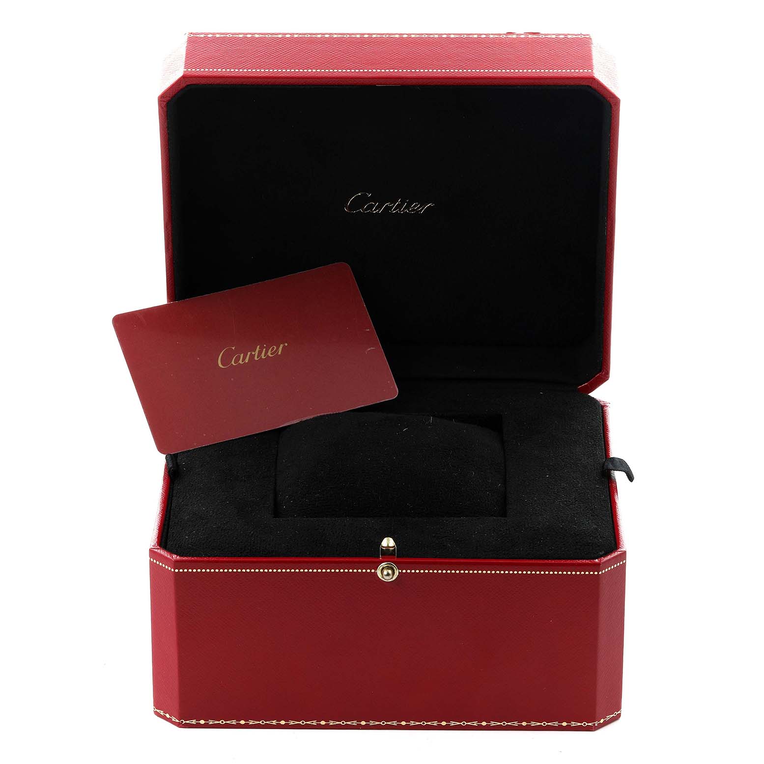 The image shows the open red box and card for the Cartier Panthere W2PN0006 Women's Steel and Gold (two tone) Silver Dial W2PN0006 Women's Steel and Gold (two tone) Silver Dial watch, with no angle of the watch itself.