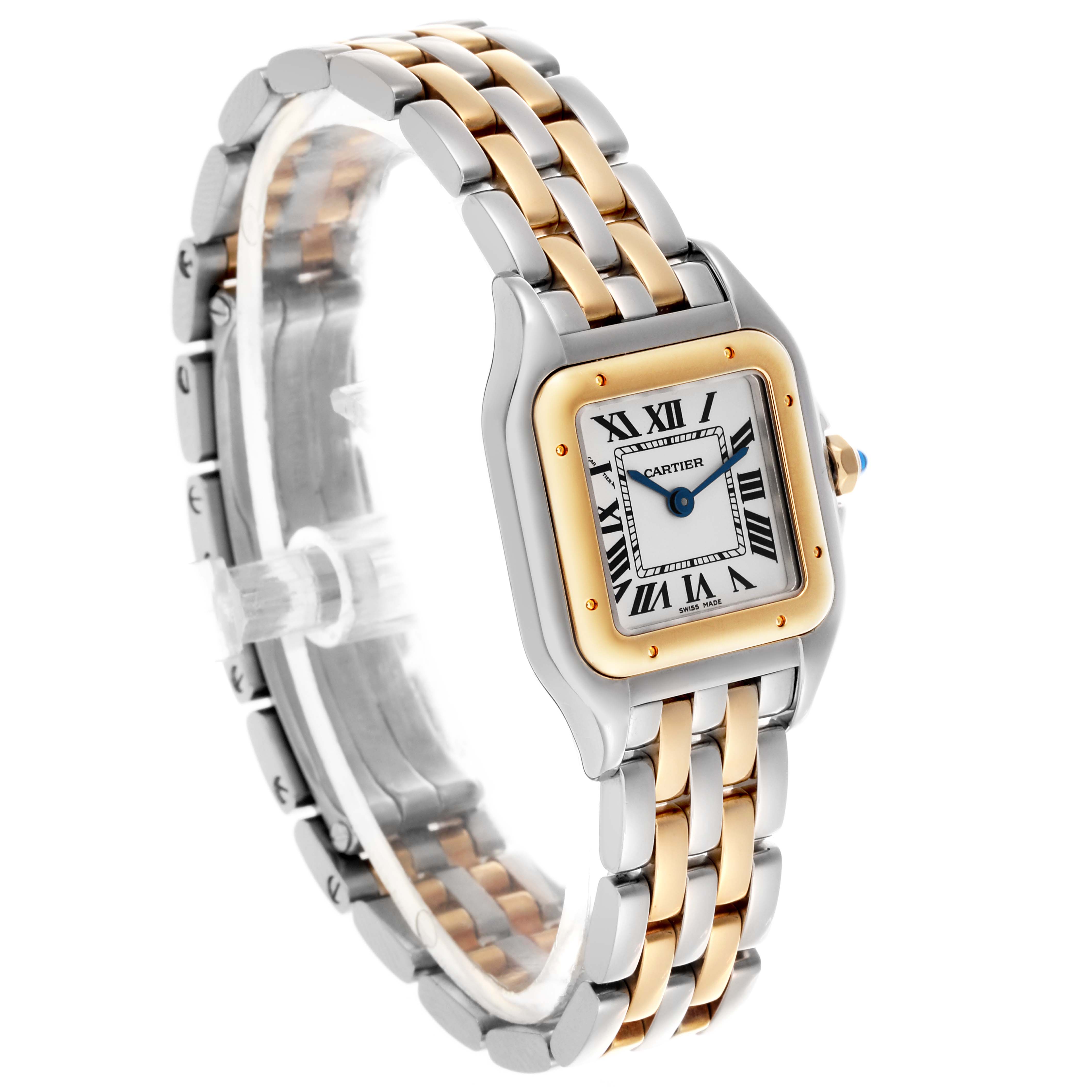The Cartier Panthere W2PN0006 Women's Steel and Gold (two tone) Silver Dial W2PN0006 Women's Steel and Gold (two tone) Silver Dial watch is shown at an angle displaying its face, two-tone bracelet, and side view.