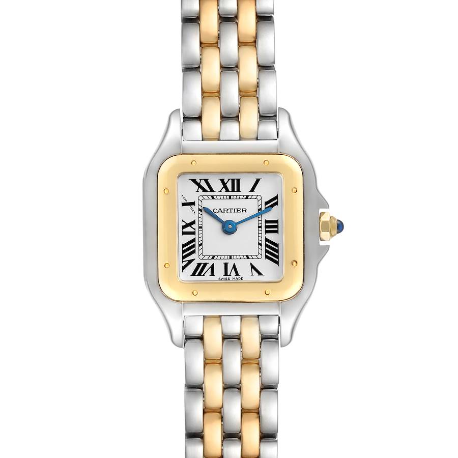 The Panthère de Cartier watch is shown from a front angle, displaying the face, bezel, and part of the two-tone bracelet.