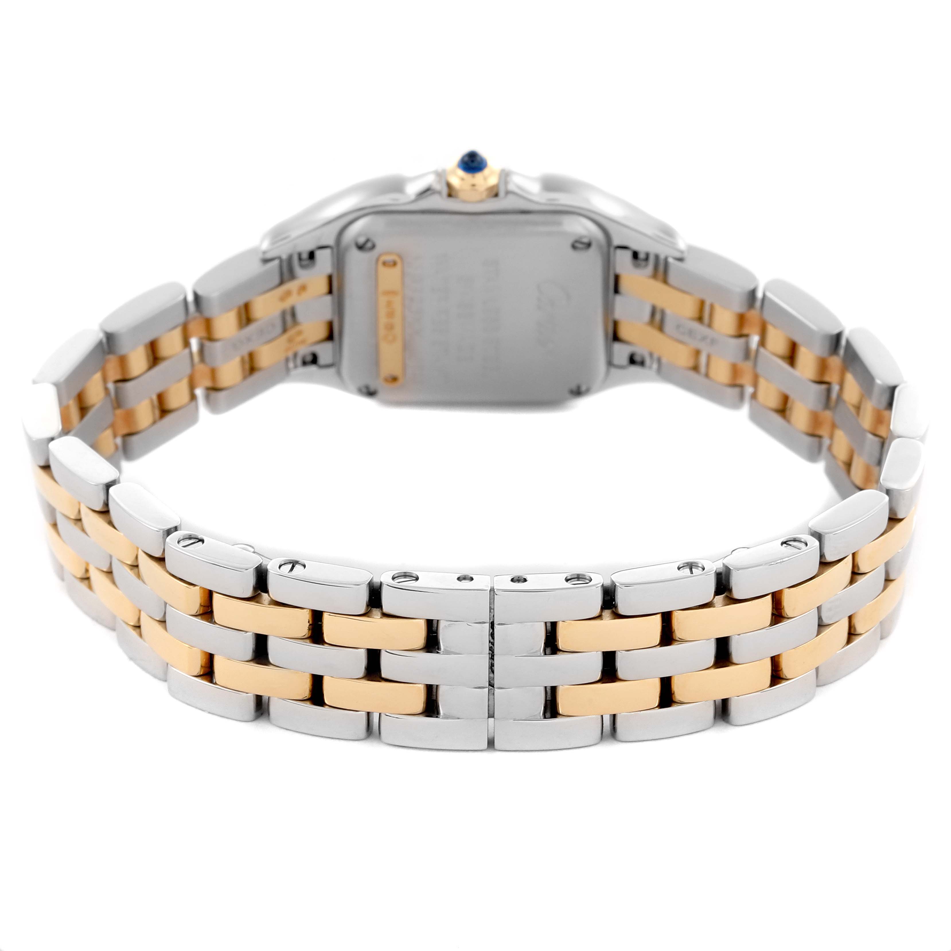 The image shows the back of a Cartier Panthere W2PN0006 Women's Steel and Gold (two tone) Silver Dial W2PN0006 Women's Steel and Gold (two tone) Silver Dial watch, highlighting its two-tone metal bracelet and case back.
