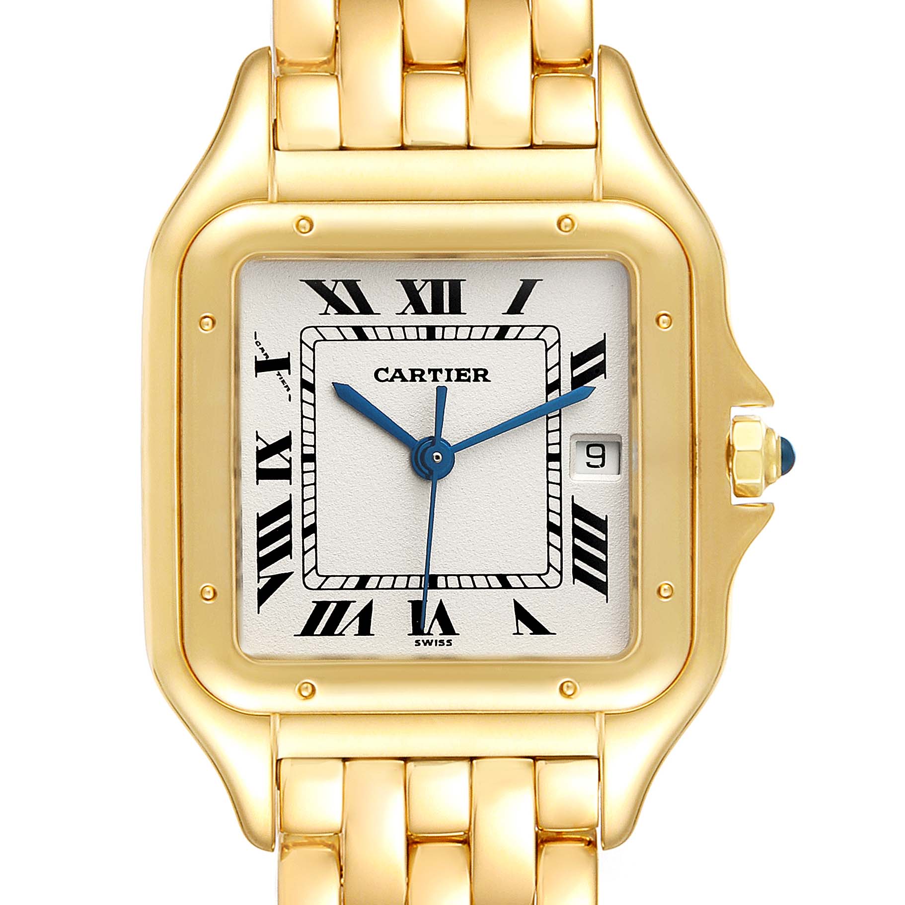 The image shows a front view of a Cartier Panthere W25014B9 Women's Yellow Gold Silver Dial W25014B9 Women's Yellow Gold Silver Dial watch, highlighting the face, hands, bezel, and part of the bracelet.