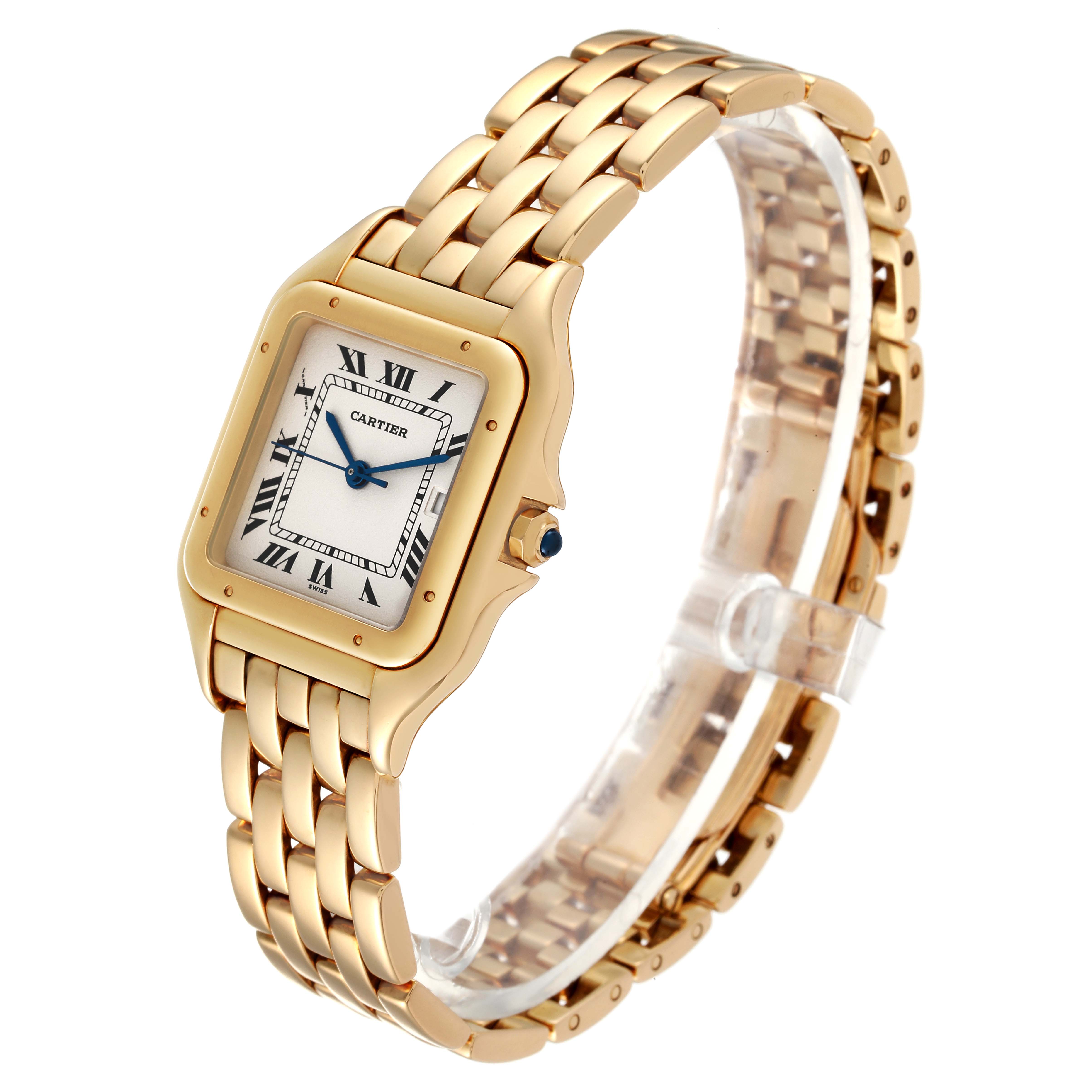 The image shows a Panthere de Cartier watch at a slight angle, highlighting its gold bracelet and square face.