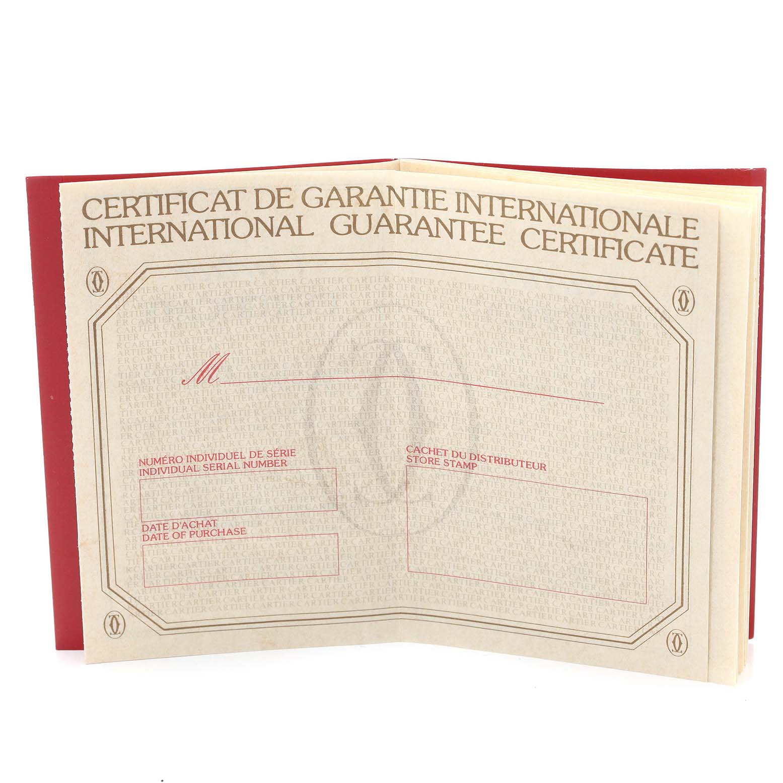 This image shows an open International Guarantee Certificate booklet for the Panthere model by Cartier.