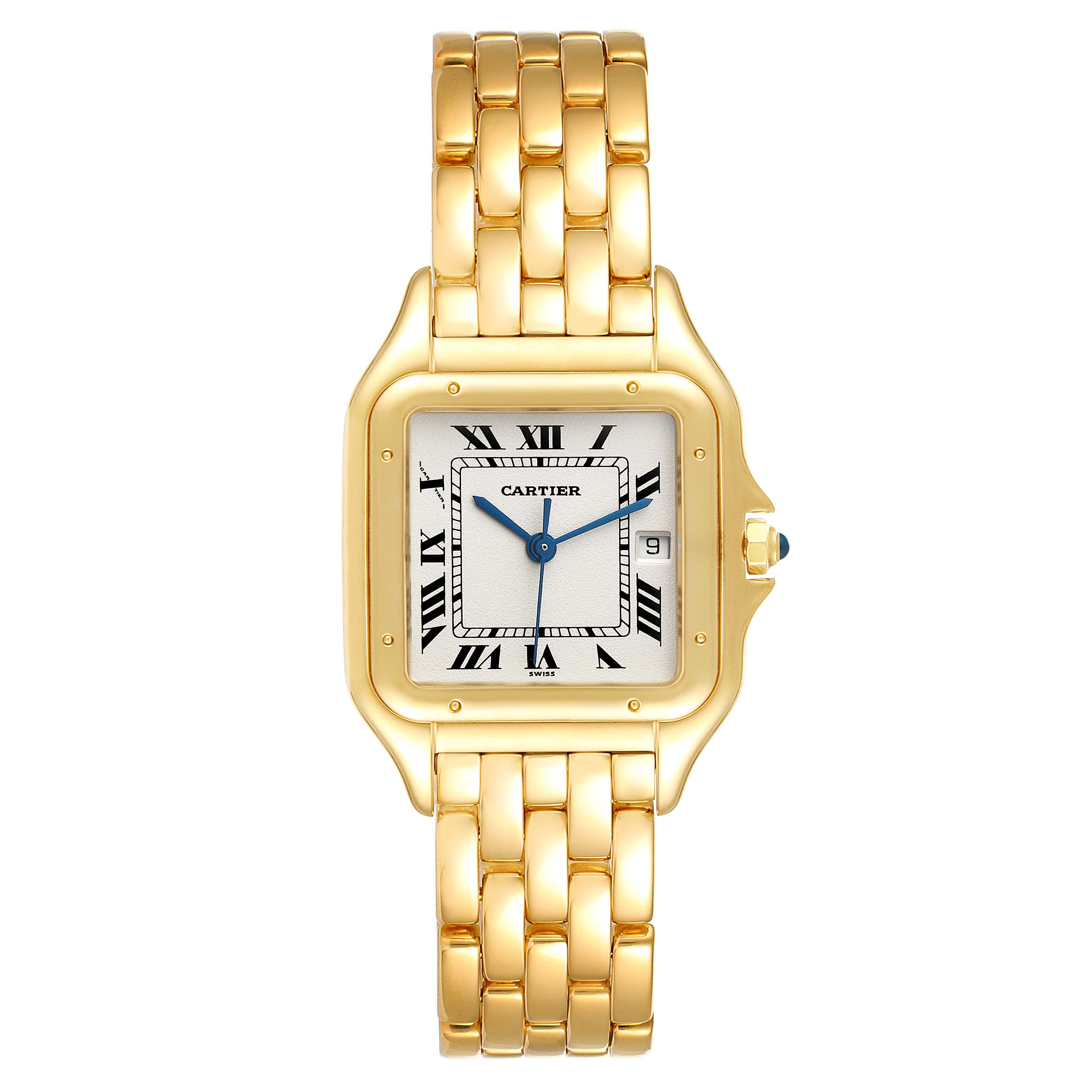 The image shows a frontal view of the Cartier Panthère model watch, displaying its gold bracelet, dial, and case.