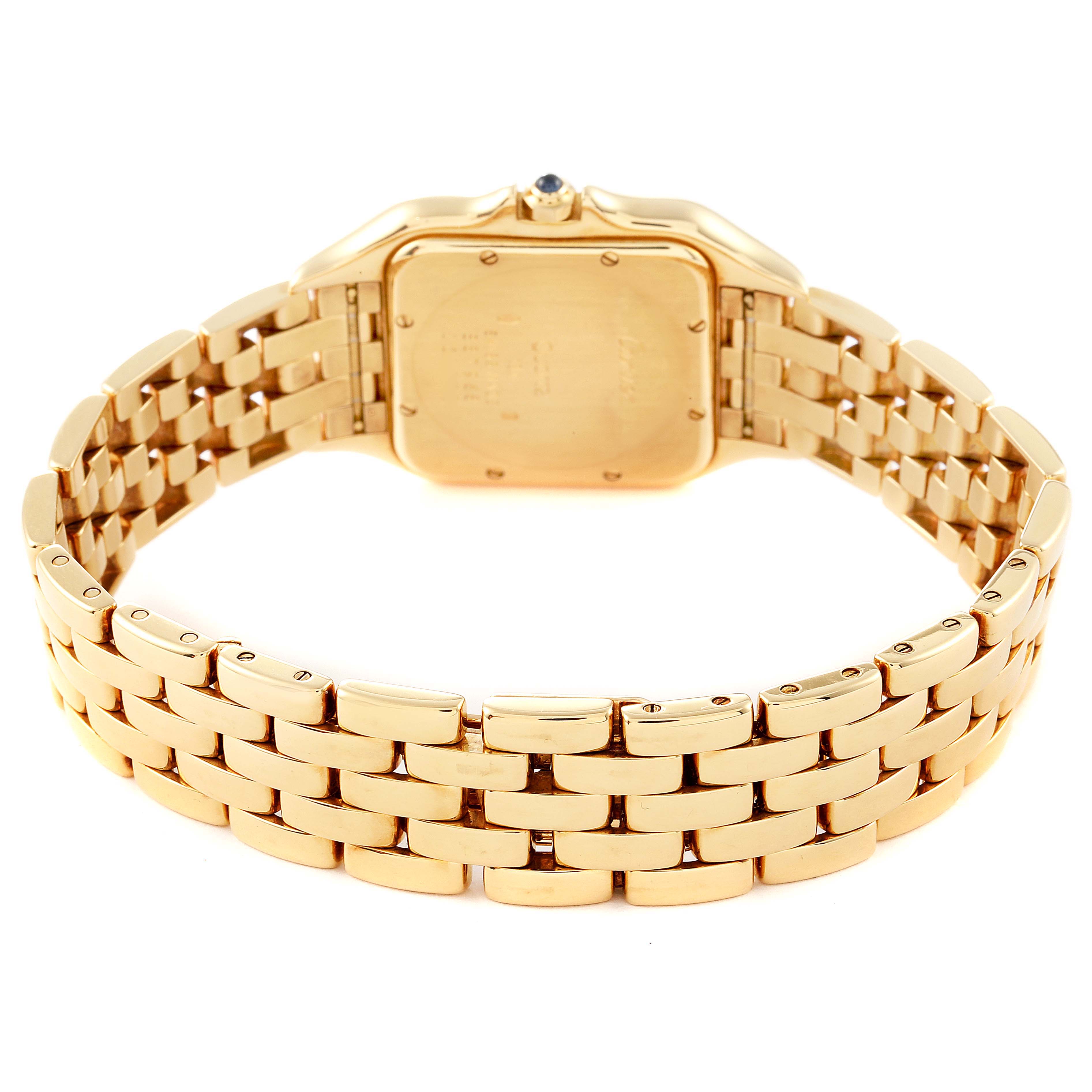 This image shows the back view of a Cartier Panthere W25014B9 Women's Yellow Gold Silver Dial W25014B9 Women's Yellow Gold Silver Dial watch, focusing on its case back and gold bracelet.