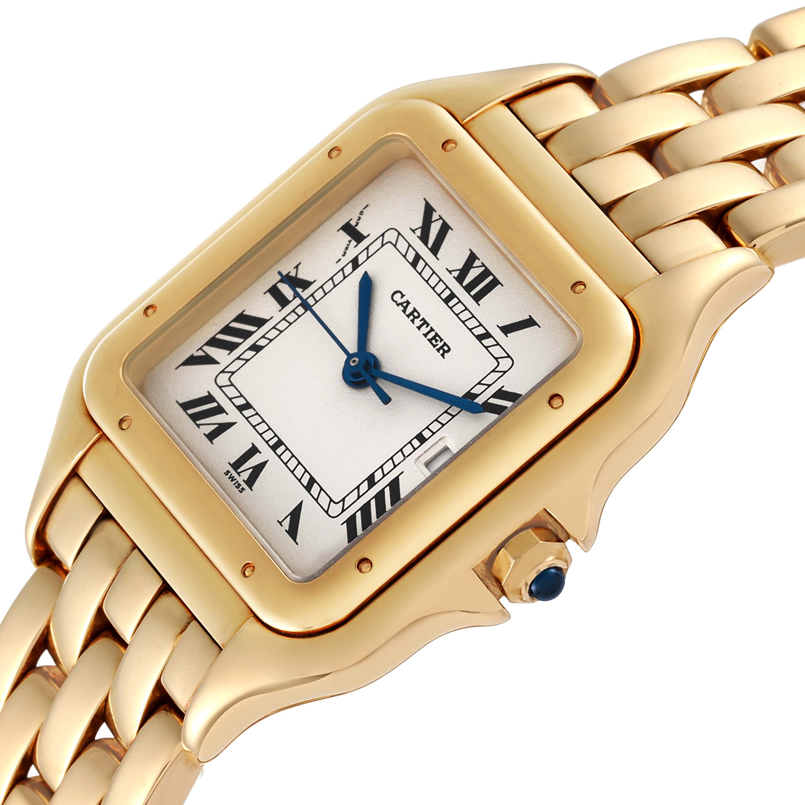 The image shows a Cartier Panthere W25014B9 Women's Yellow Gold Silver Dial W25014B9 Women's Yellow Gold Silver Dial watch from a diagonal angle, highlighting its gold case, bracelet, crown, and Roman numeral dial.
