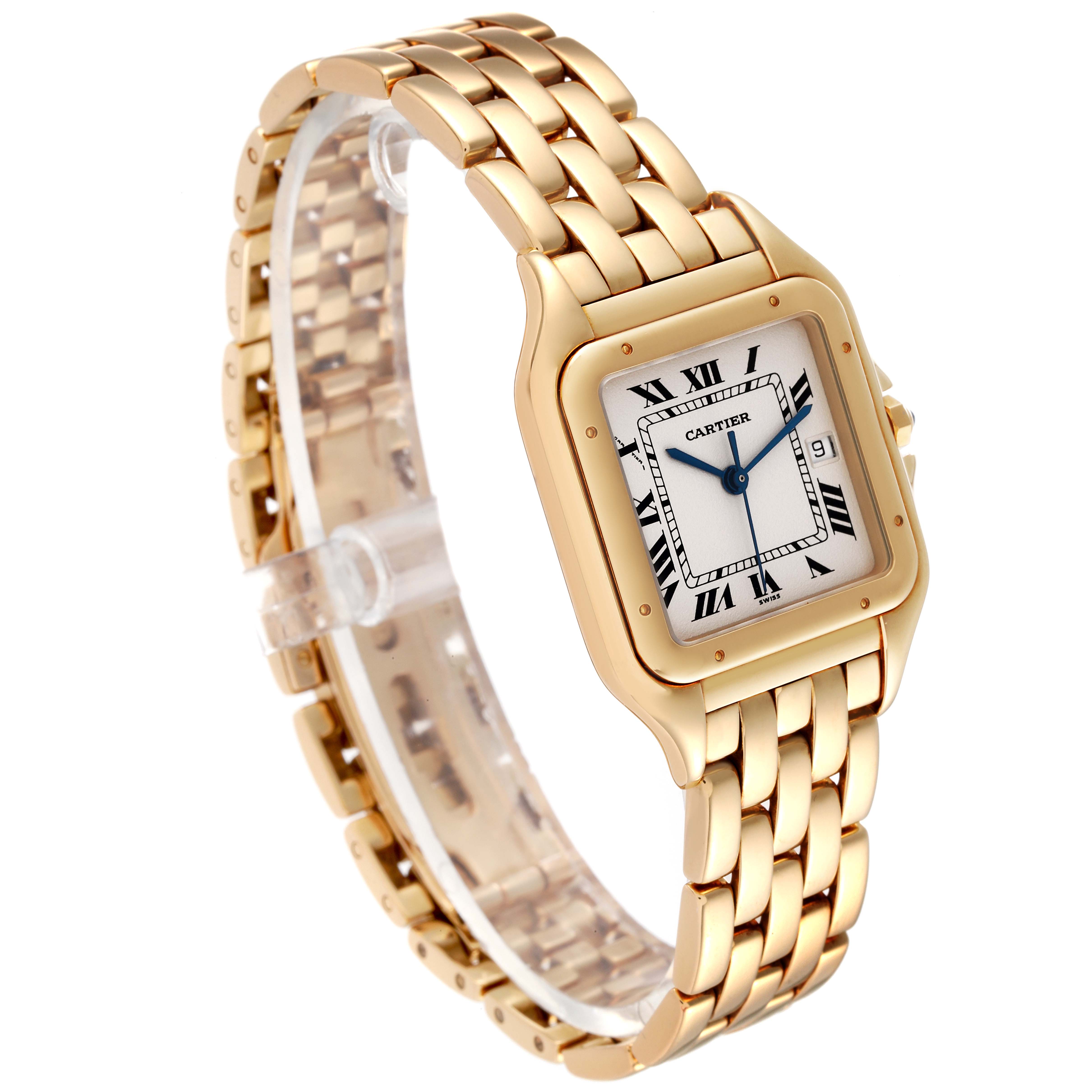 The image shows a Panthère model by Cartier from an angled view, displaying the watch face, band, and clasp.