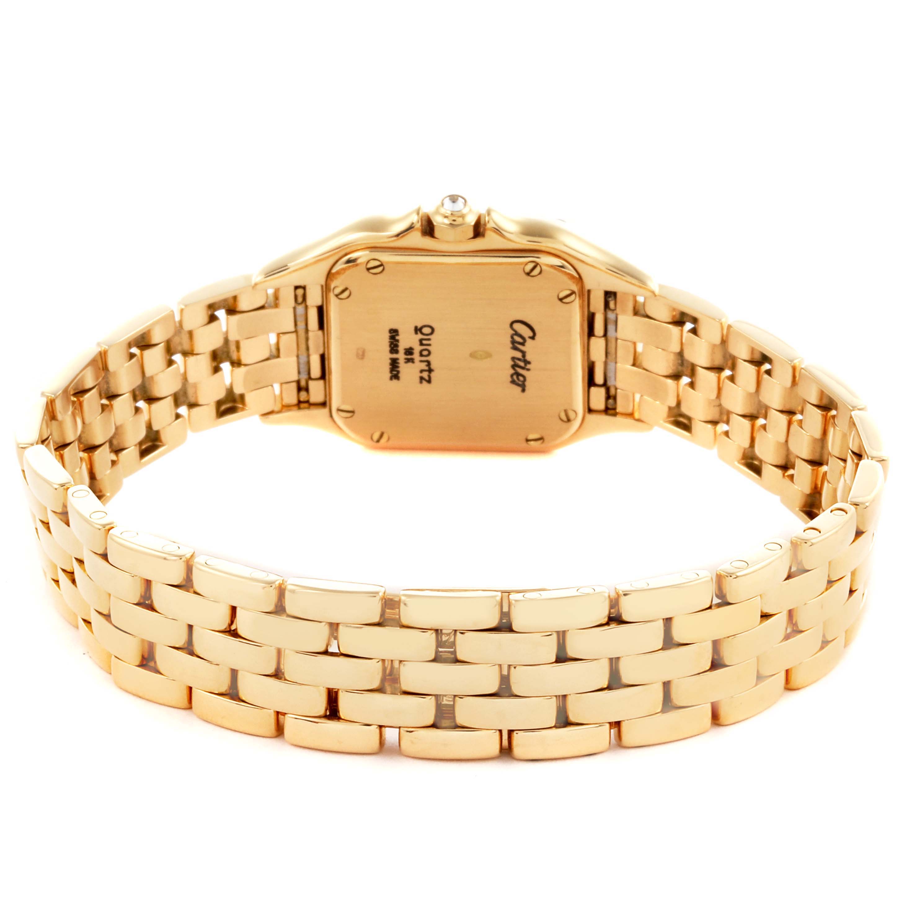The Cartier Panthère watch is shown from the rear angle, highlighting the back case and gold bracelet.