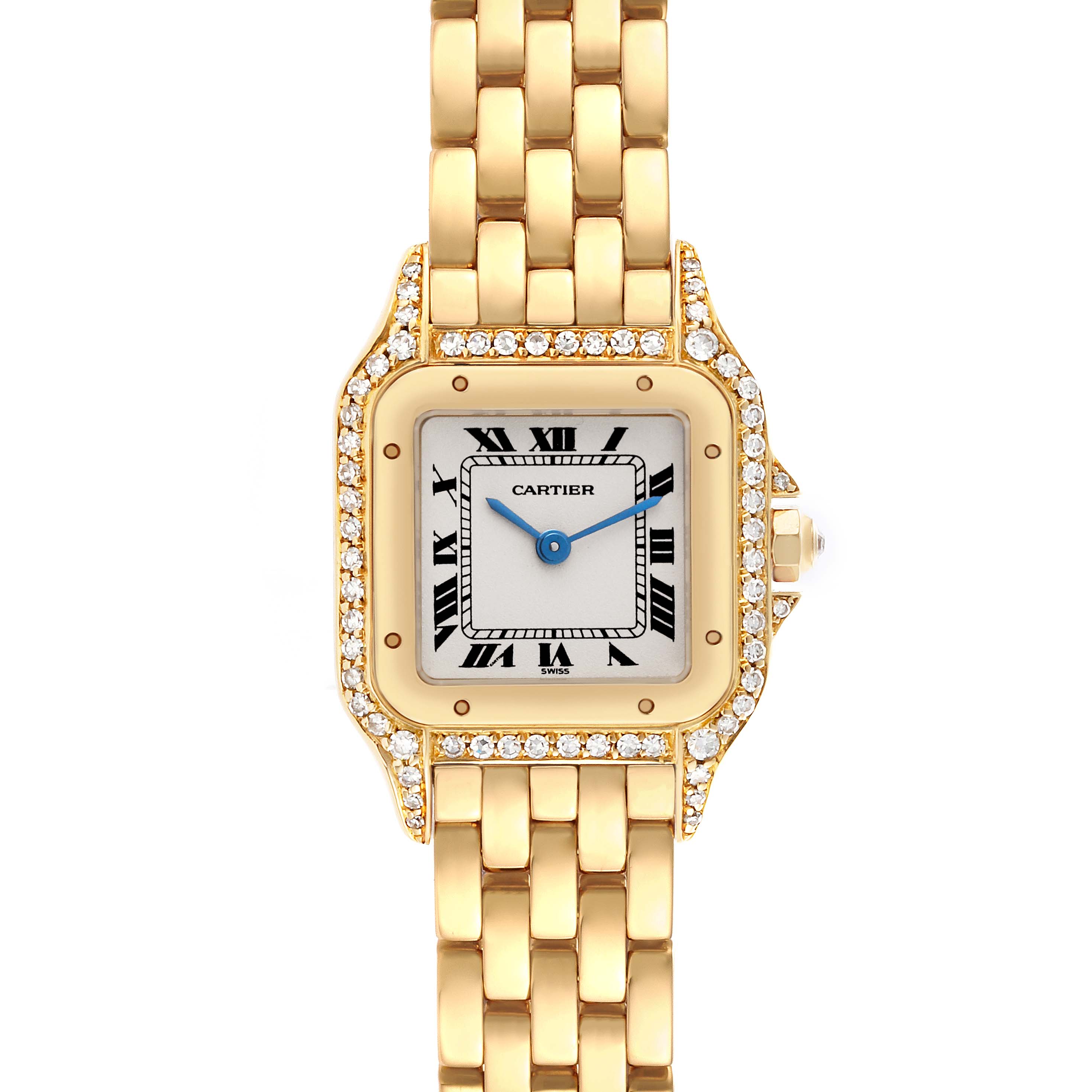 The Cartier Panthere WF3071B9 Women's Yellow Gold Silver Dial WF3071B9 Women's Yellow Gold Silver Dial watch is shown from a top view, highlighting its square face with Roman numerals, bezel, and gold bracelet.