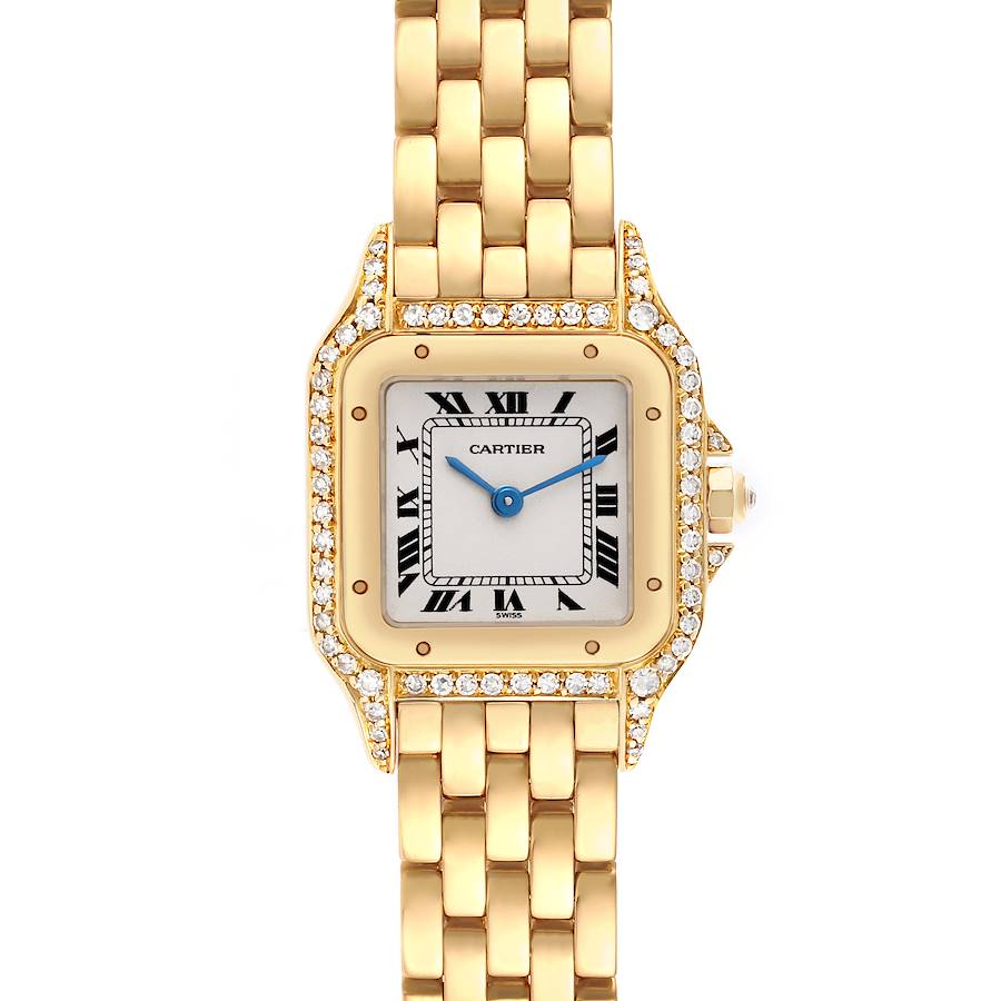 The Cartier Panthere watch is shown from a top view, highlighting its square face with Roman numerals, bezel, and gold bracelet.