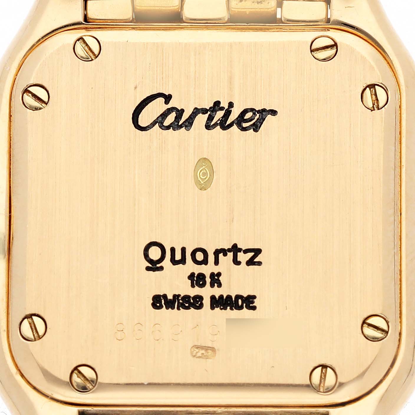 The image shows the back of a Cartier Panthere WF3071B9 Women's Yellow Gold Silver Dial WF3071B9 Women's Yellow Gold Silver Dial watch, displaying screws and engravings.