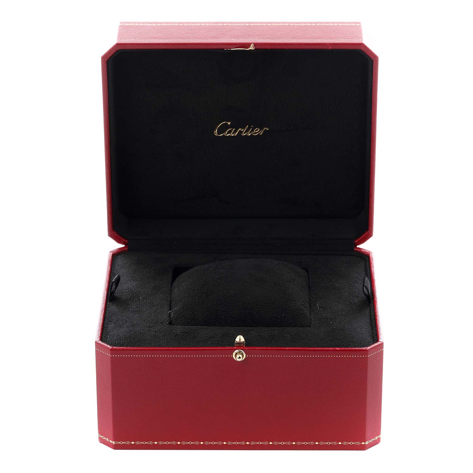 The image shows an open Cartier Panthere WF3071B9 Women's Yellow Gold Silver Dial WF3071B9 Women's Yellow Gold Silver Dial watch box, highlighting its interior and classic red exterior.