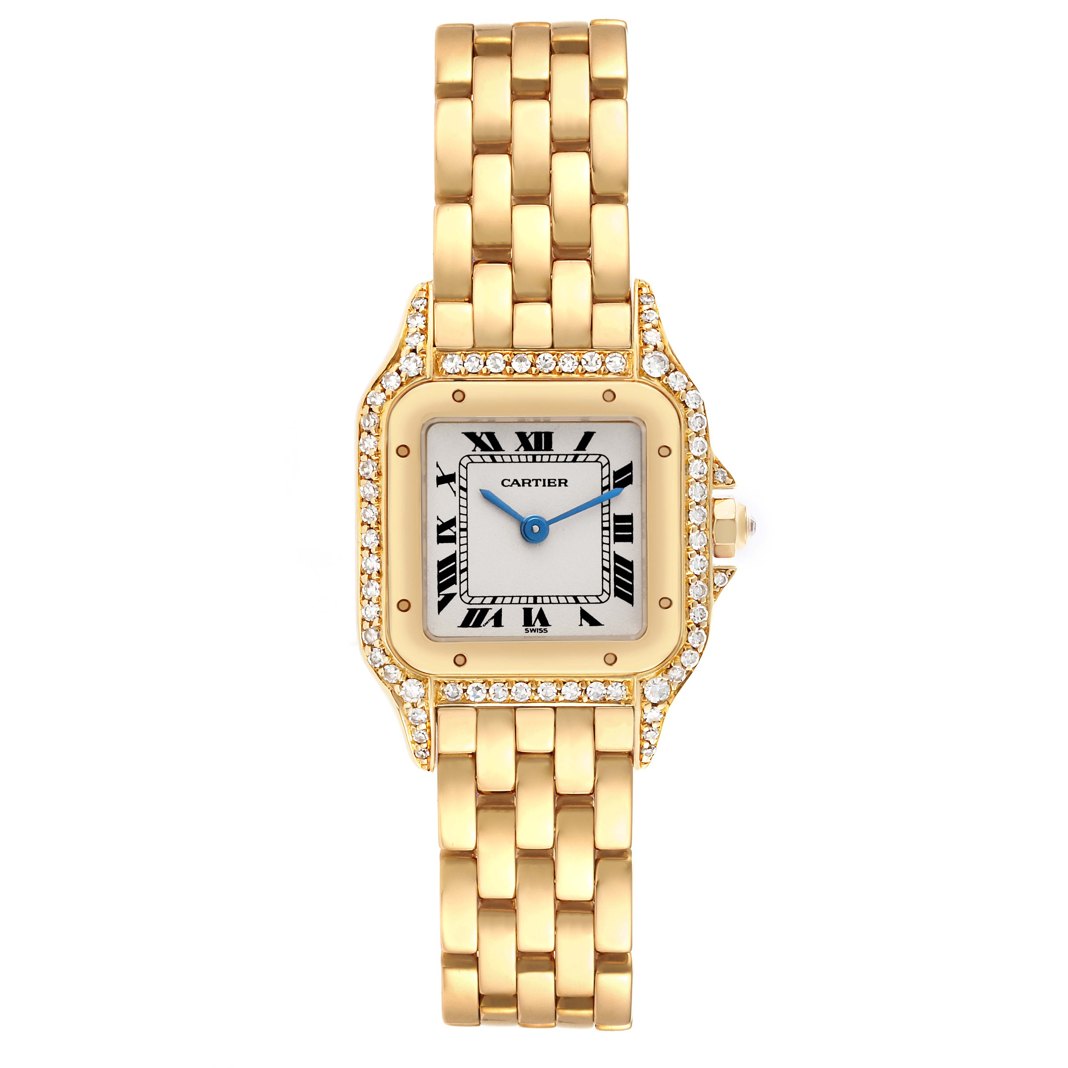 The Cartier Panthere WF3071B9 Women's Yellow Gold Silver Dial WF3071B9 Women's Yellow Gold Silver Dial watch is shown from the front, featuring its dial, bracelet, and bezel with diamond accents.
