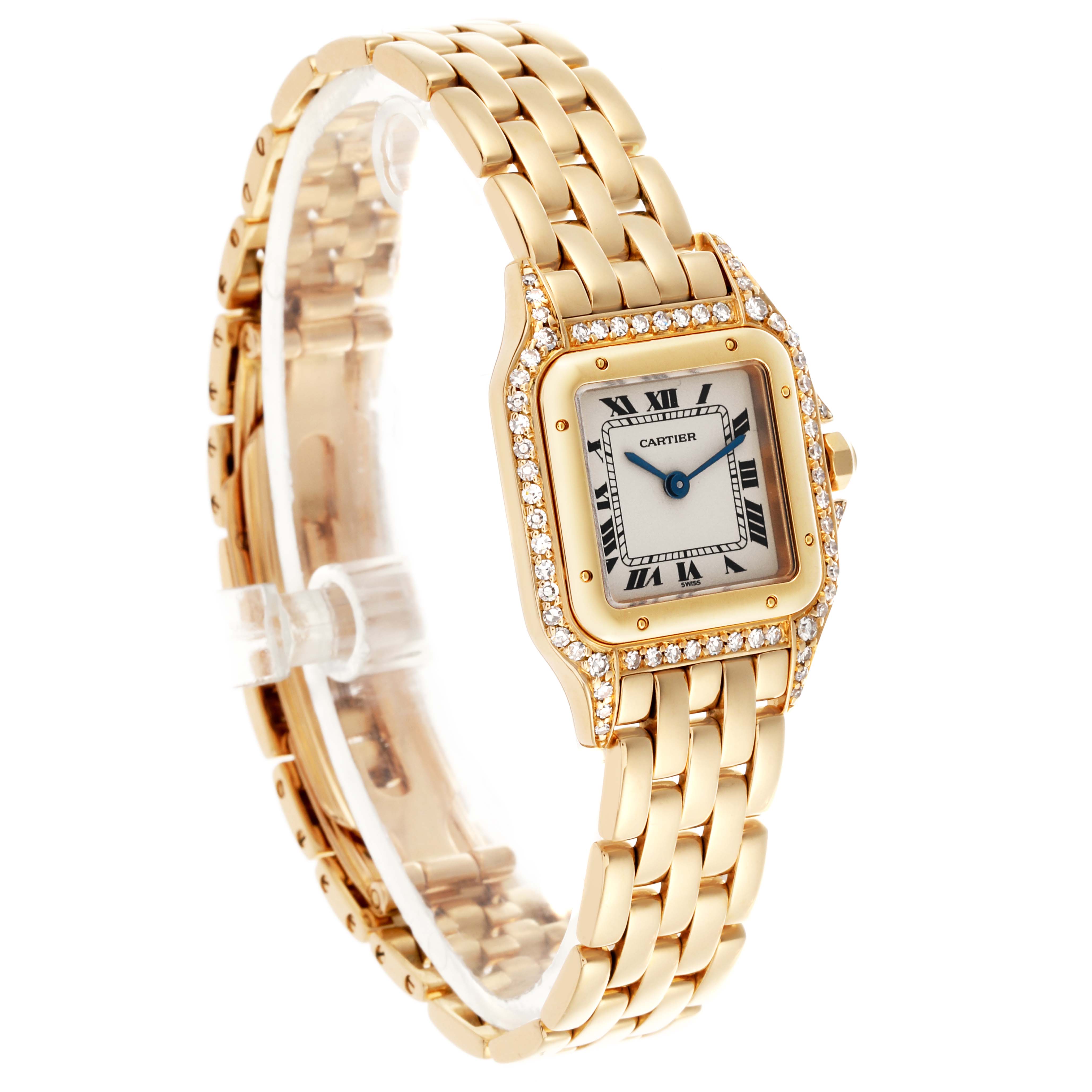 The Cartier Panthere WF3071B9 Women's Yellow Gold Silver Dial WF3071B9 Women's Yellow Gold Silver Dial watch is shown at a slight side angle, displaying its bracelet and diamond-bezel face.