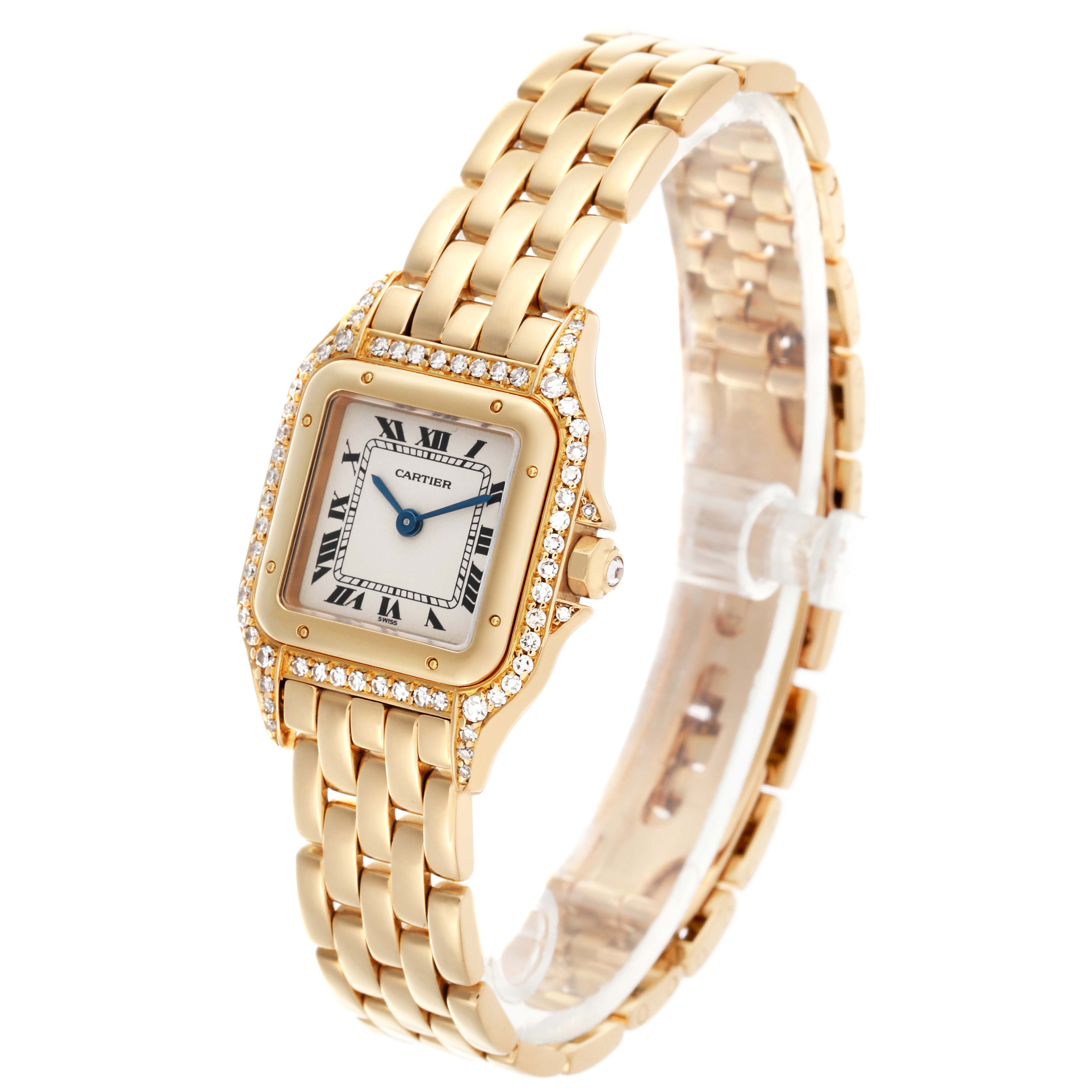 The Cartier Panthere WF3071B9 Women's Yellow Gold Silver Dial WF3071B9 Women's Yellow Gold Silver Dial watch is shown at a slight angle, displaying its face, bezel with diamonds, and gold bracelet.