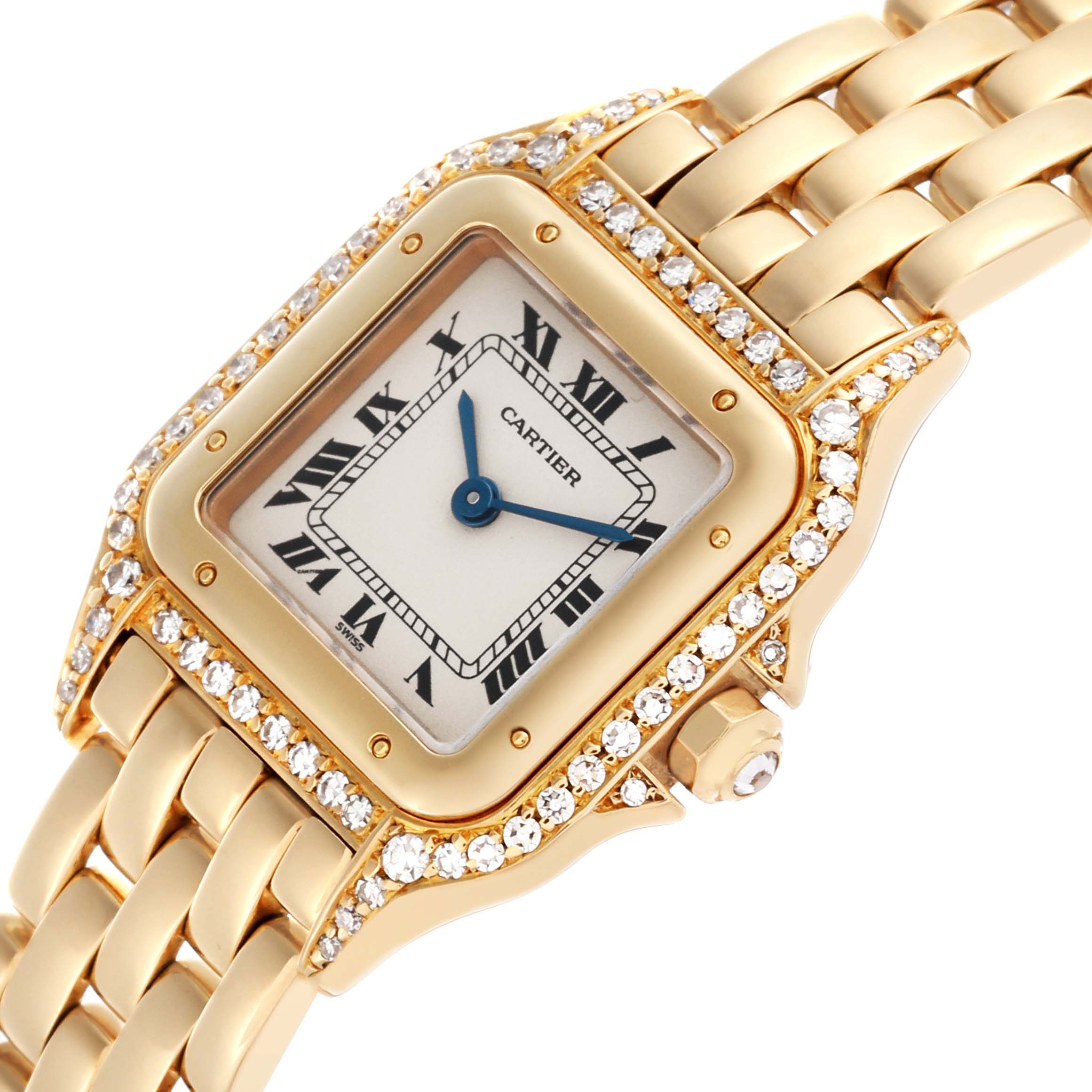 The Cartier Panthere WF3071B9 Women's Yellow Gold Silver Dial WF3071B9 Women's Yellow Gold Silver Dial watch is shown at an angled view, highlighting the dial, bezel, crown, and gold bracelet.