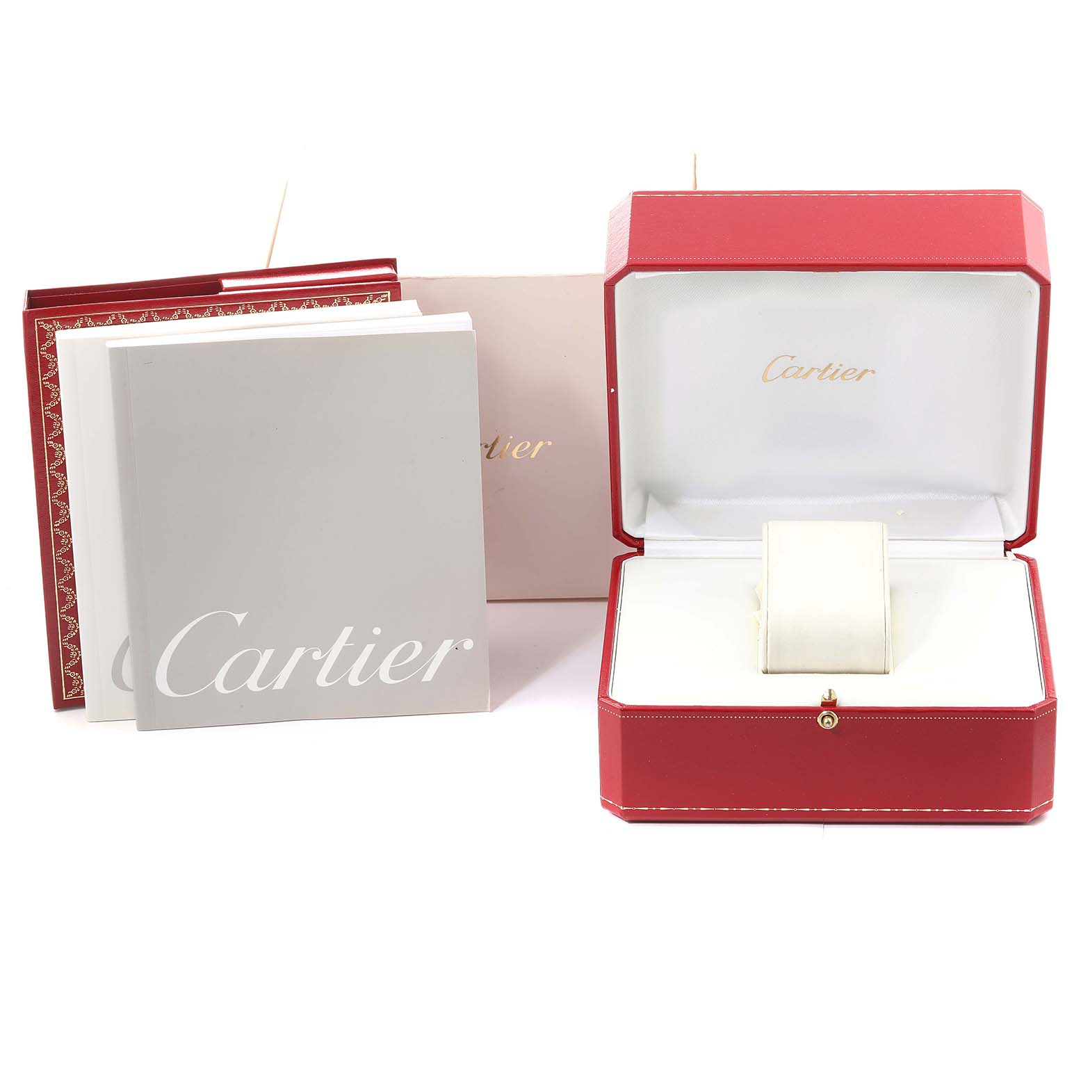 The image shows the packaging and accessories for a Cartier Pasha W31053M7 Women's Stainless Steel Black Dial W31053M7 Women's Stainless Steel Black Dial watch, including its box and manuals.