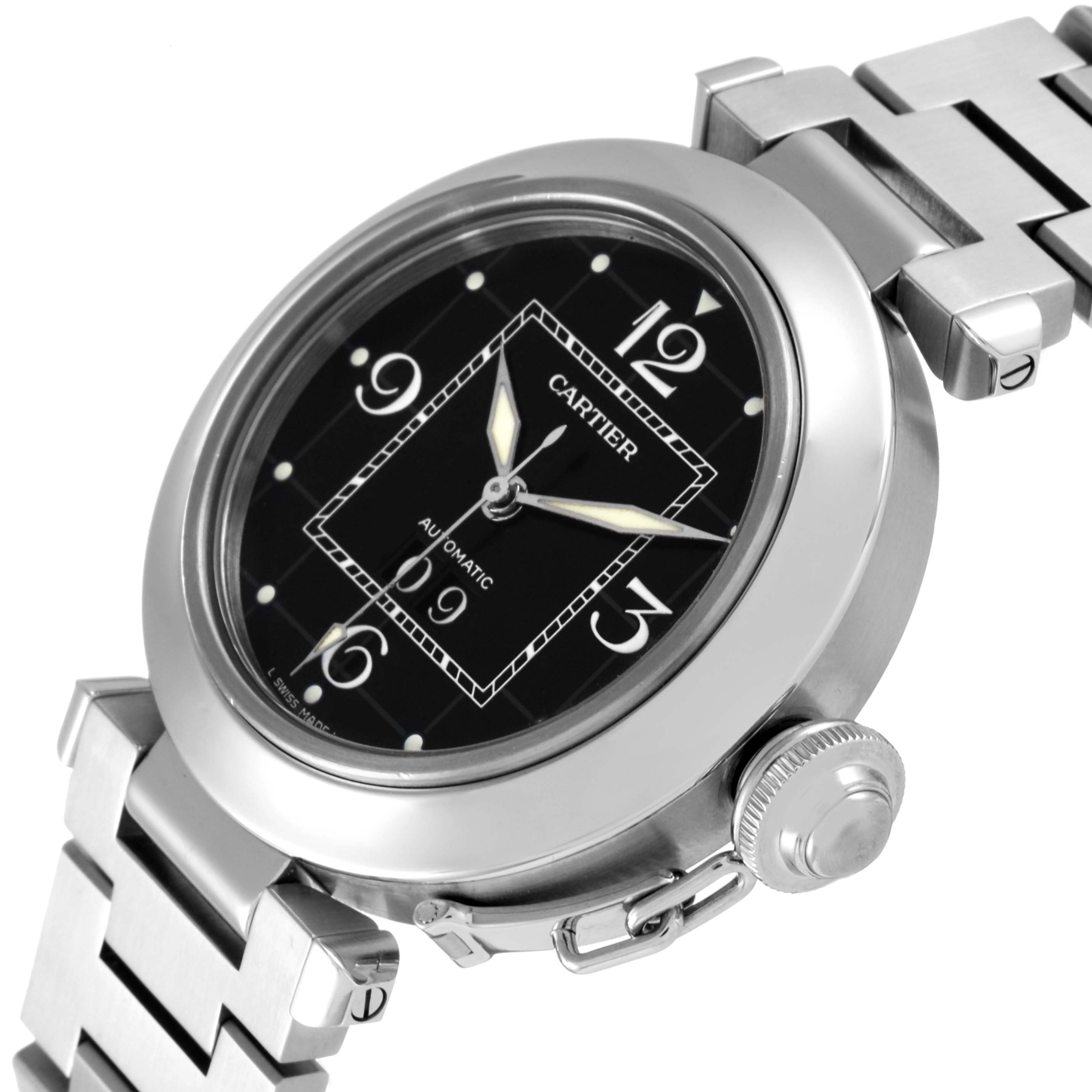 The image shows a side angle of the Cartier Pasha W31053M7 Women's Stainless Steel Black Dial W31053M7 Women's Stainless Steel Black Dial watch, highlighting its dial, bezel, crown, and part of the bracelet.