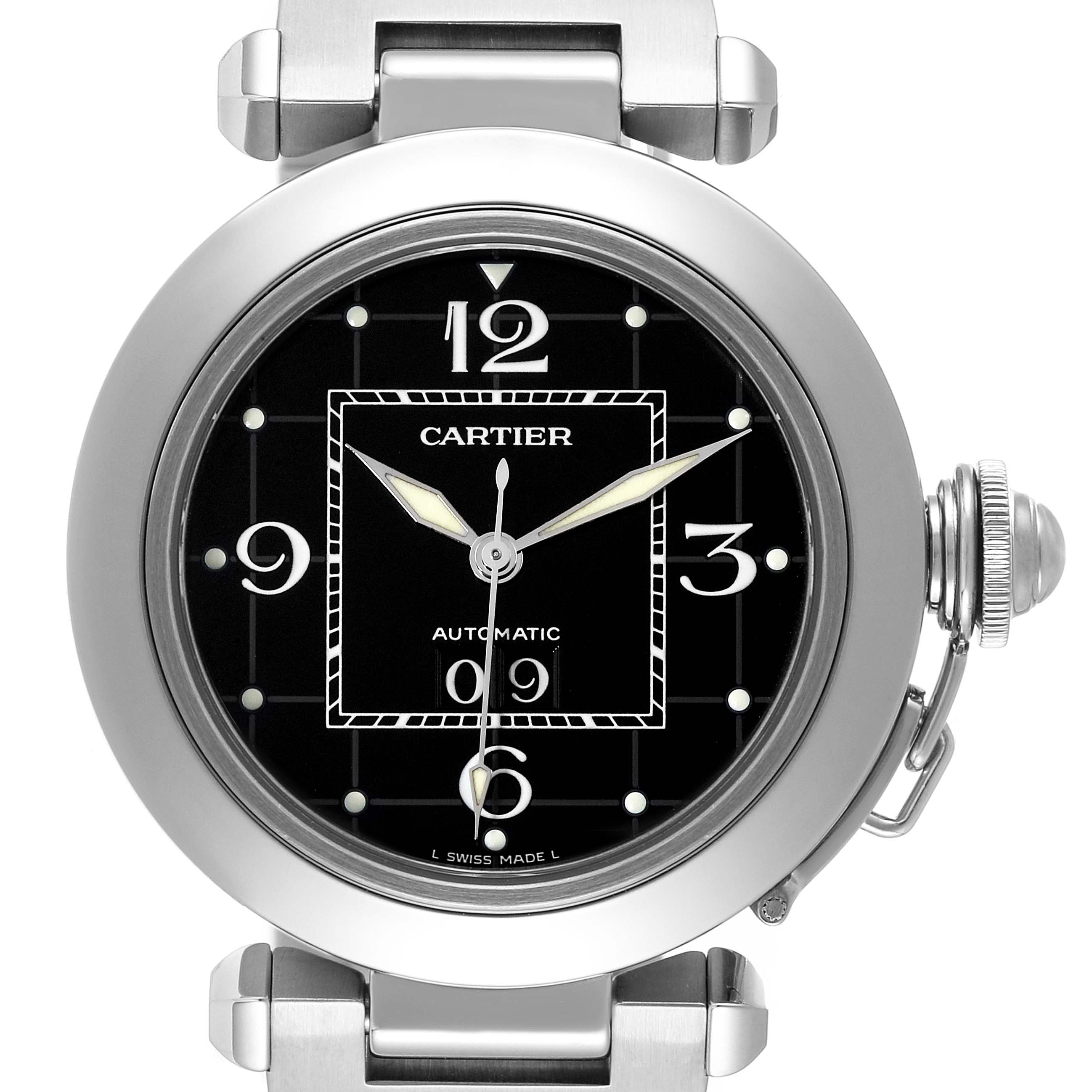 This image shows a frontal view of the Cartier Pasha W31053M7 Women's Stainless Steel Black Dial W31053M7 Women's Stainless Steel Black Dial watch, highlighting the face, bezel, and crown.