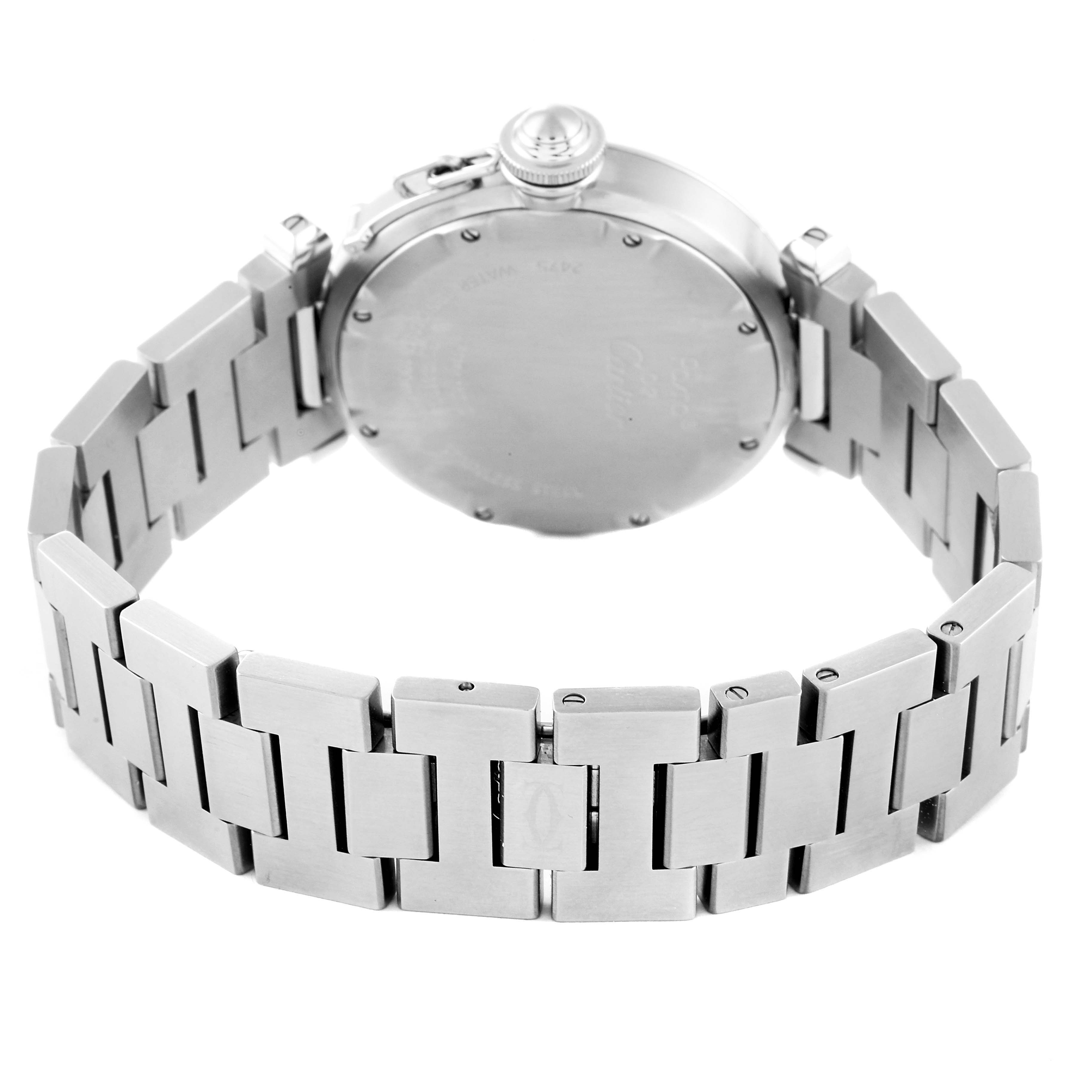 The image shows the backside and bracelet of a Cartier Pasha W31053M7 Women's Stainless Steel Black Dial W31053M7 Women's Stainless Steel Black Dial watch from a rear angle.