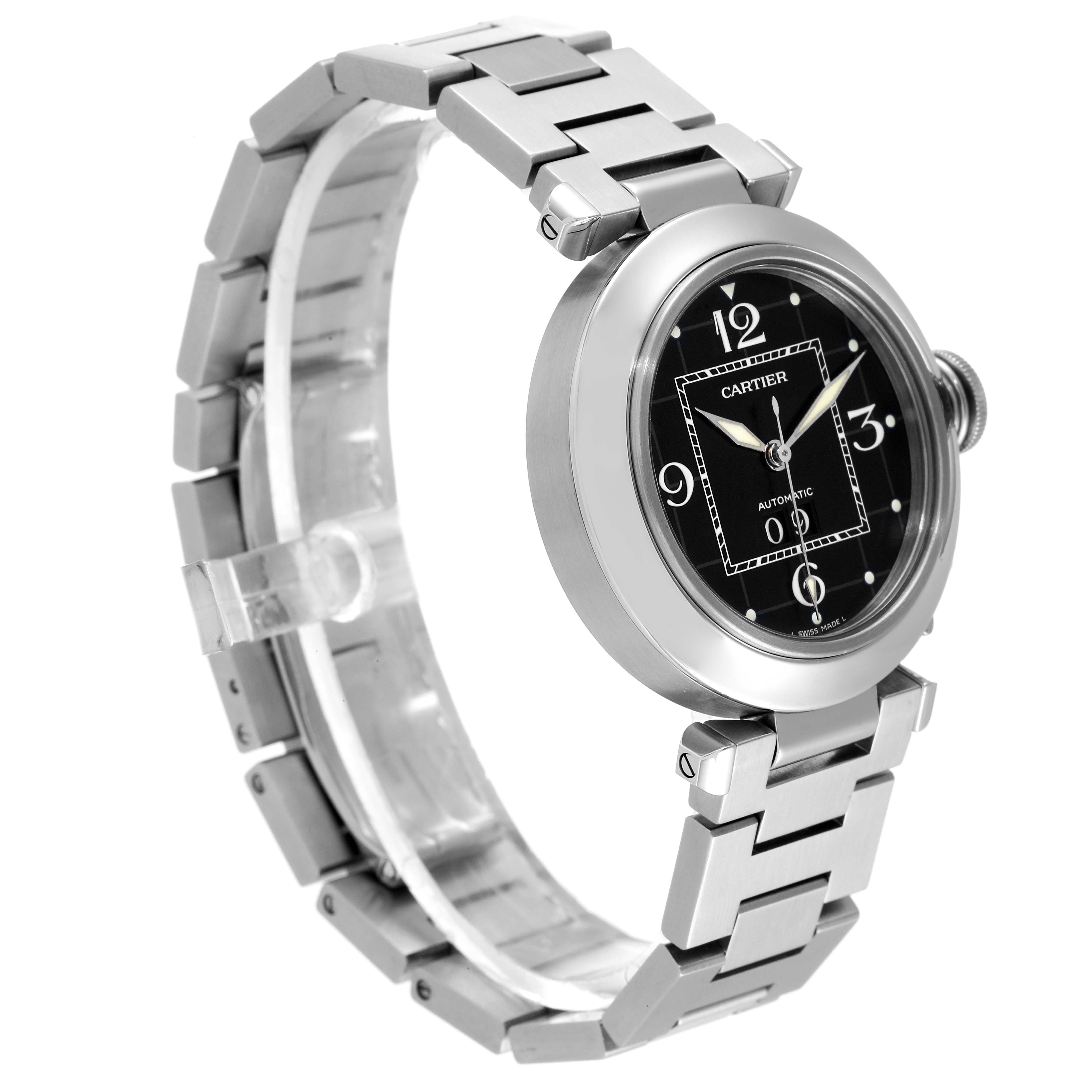 The image shows a side angle of a Cartier Pasha W31053M7 Women's Stainless Steel Black Dial W31053M7 Women's Stainless Steel Black Dial watch with a stainless steel bracelet and black dial.