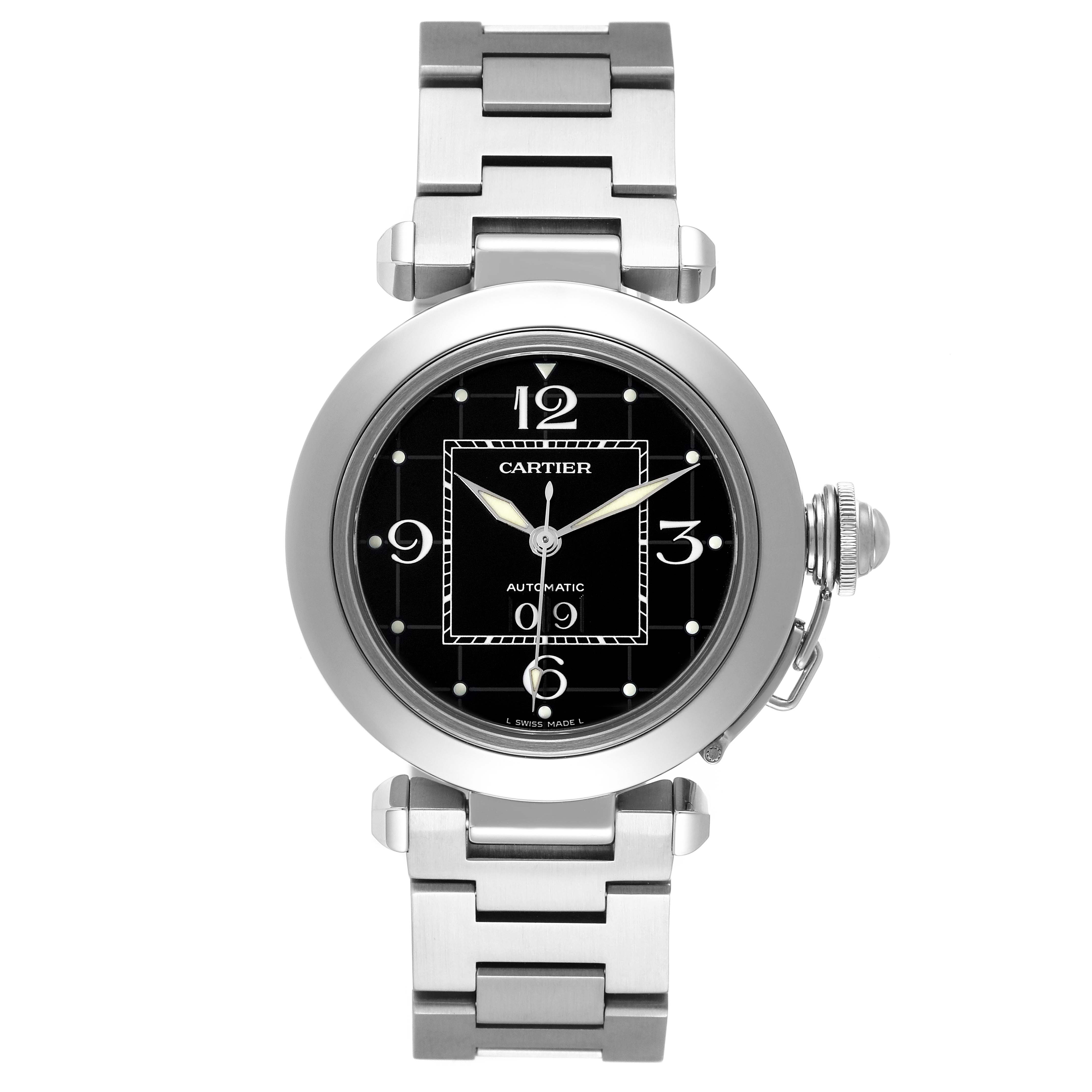 The image shows a front view of the Cartier Pasha W31053M7 Women's Stainless Steel Black Dial W31053M7 Women's Stainless Steel Black Dial watch, highlighting the black dial, numerals, hands, and metal bracelet.