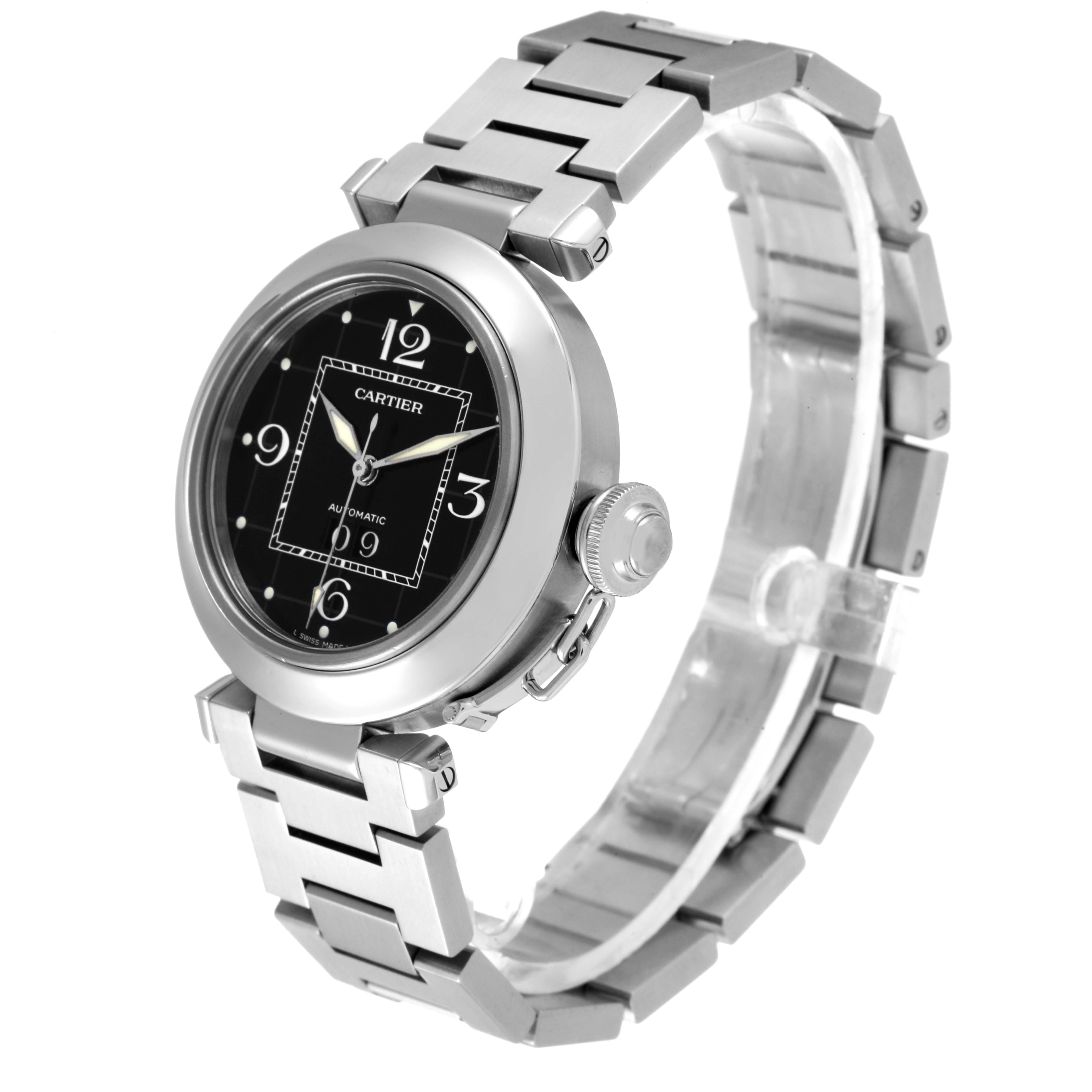 The image shows a Cartier Pasha W31053M7 Women's Stainless Steel Black Dial W31053M7 Women's Stainless Steel Black Dial watch at a three-quarter angle displaying the dial, crown, and bracelet.