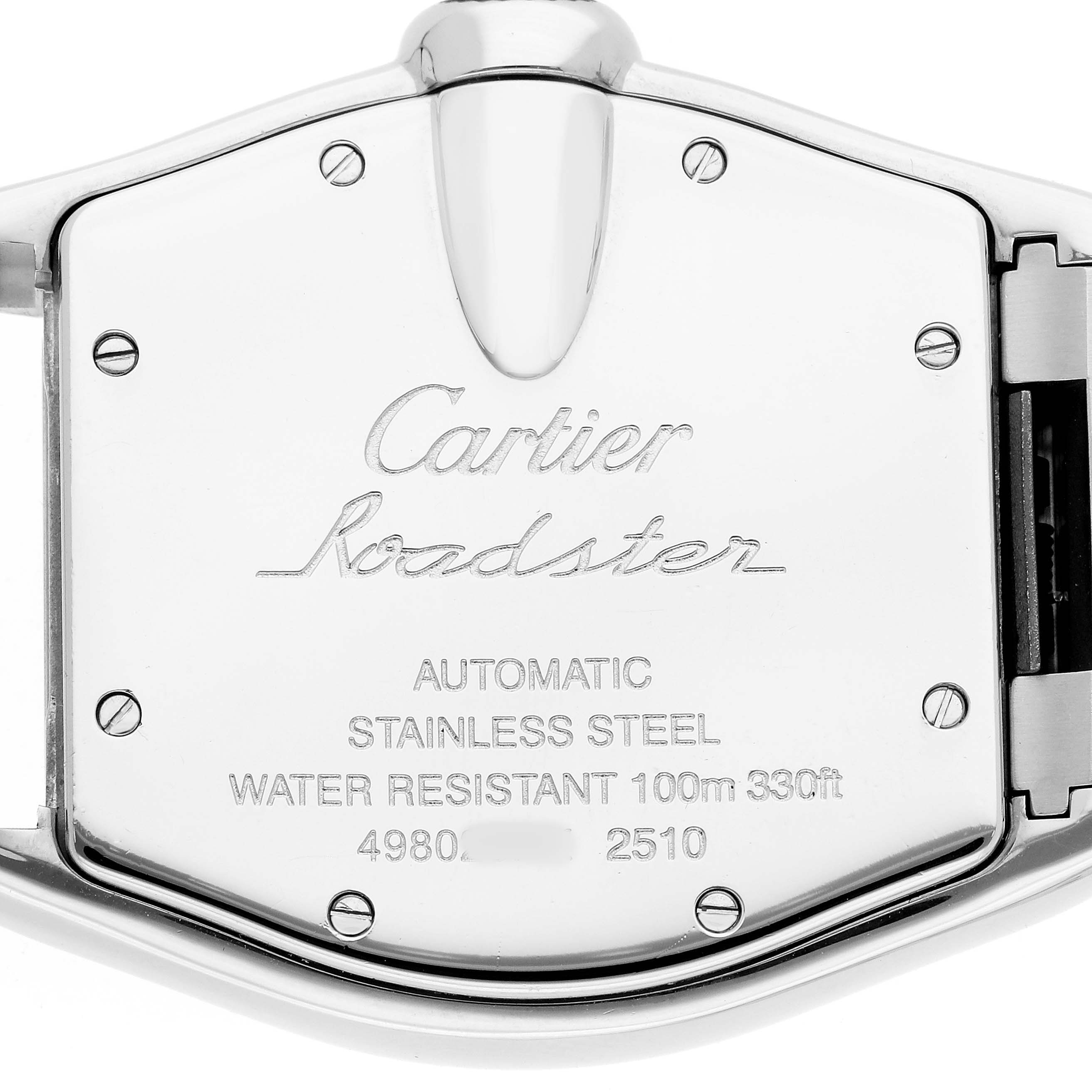 The image shows the back case of a Cartier Roadster W62025V3 Men's Stainless Steel Silver Dial watch, with engraving details and screws visible.