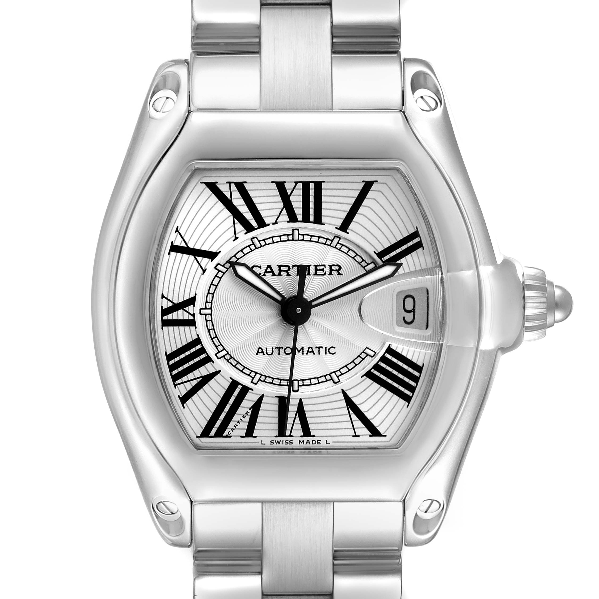 The Cartier Roadster W62025V3 Men's Stainless Steel Silver Dial watch is shown from a front angle, displaying the dial, Roman numerals, and date window.
