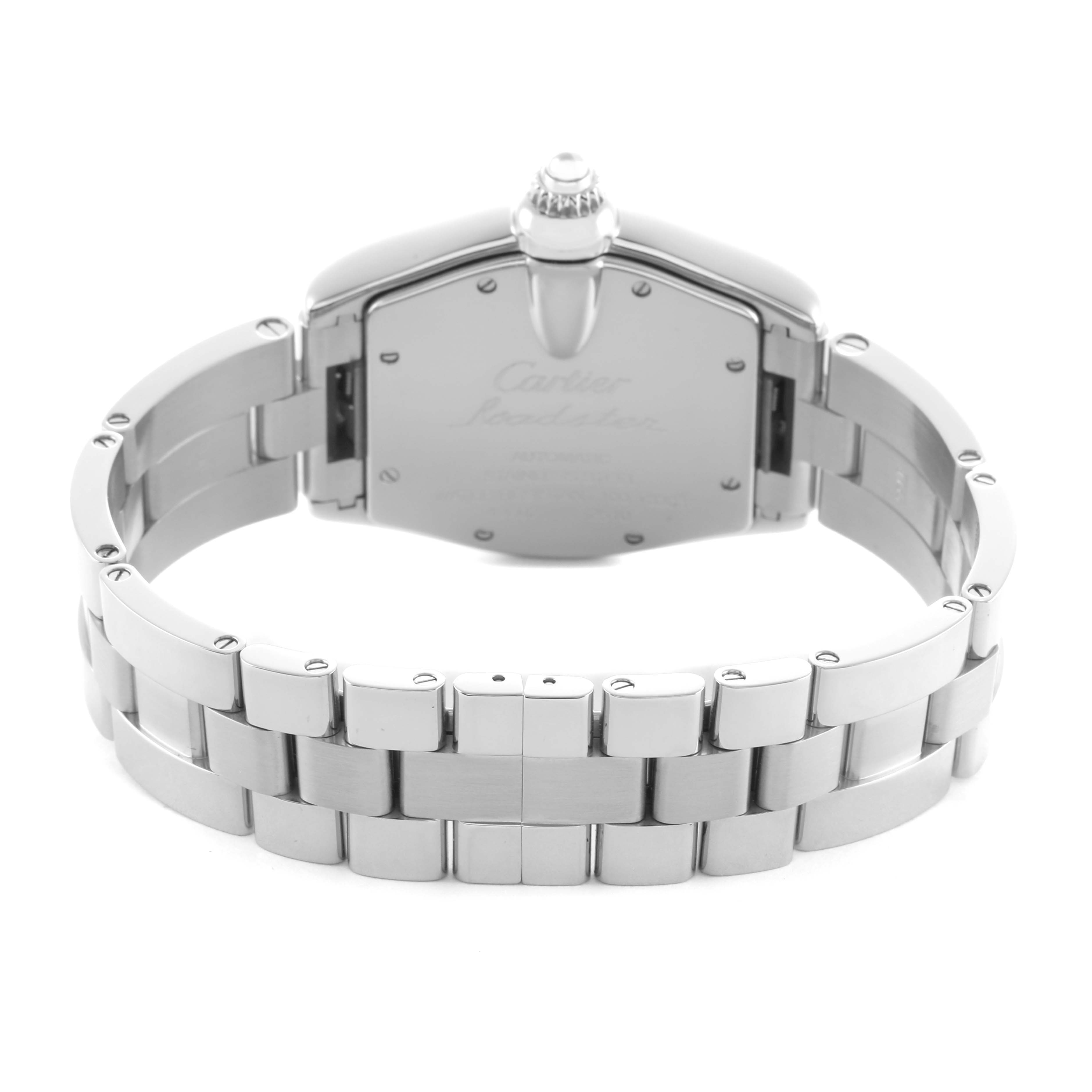 The image shows the back of a Cartier Roadster W62025V3 Men's Stainless Steel Silver Dial watch, featuring the bracelet and case back.