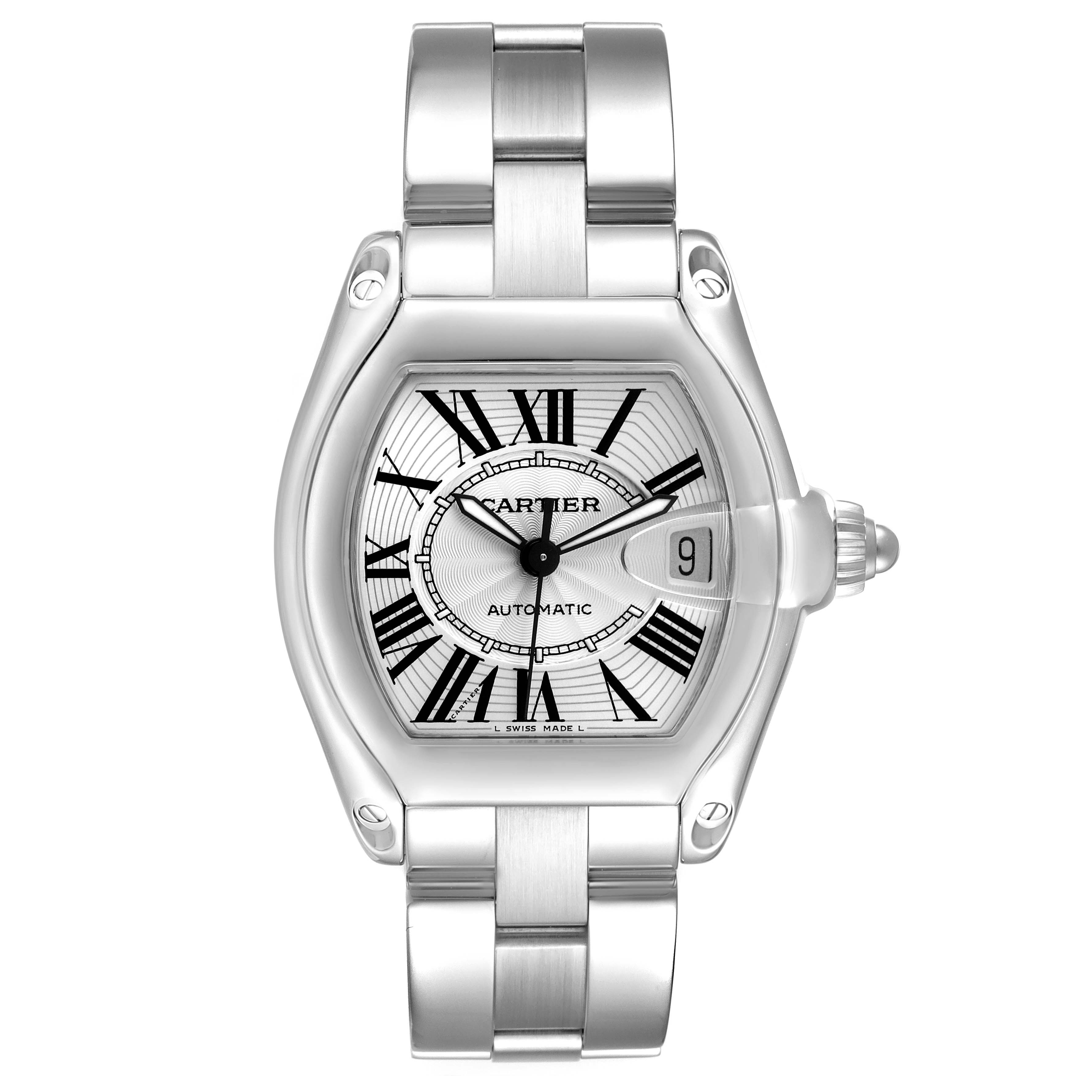 The Cartier Roadster W62025V3 Men's Stainless Steel Silver Dial watch is shown from a top-down angle, highlighting the dial, bezel, and bracelet.
