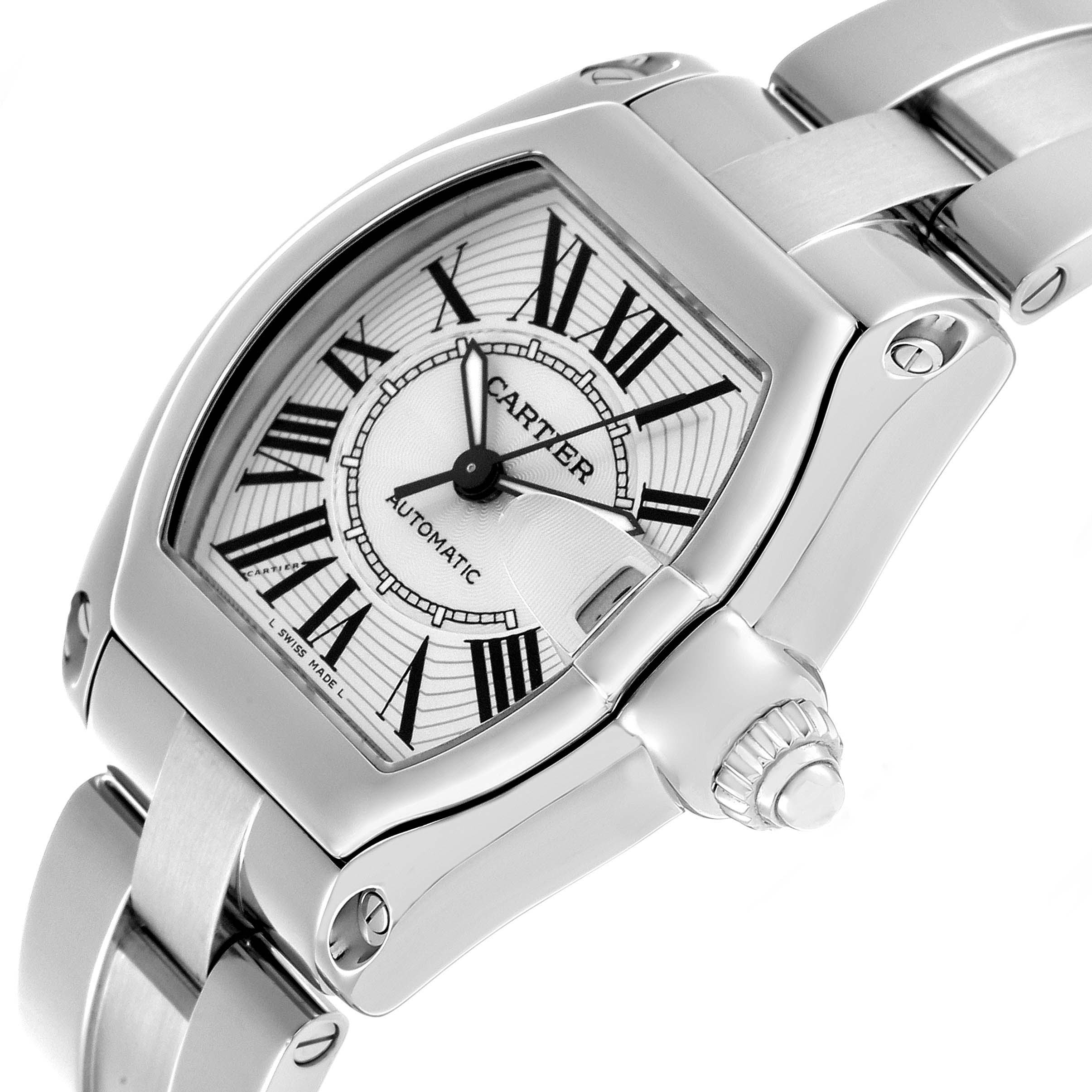 The Cartier Roadster W62025V3 Men's Stainless Steel Silver Dial watch is shown at an angled view, displaying the face, bezel, crown, and part of the bracelet.