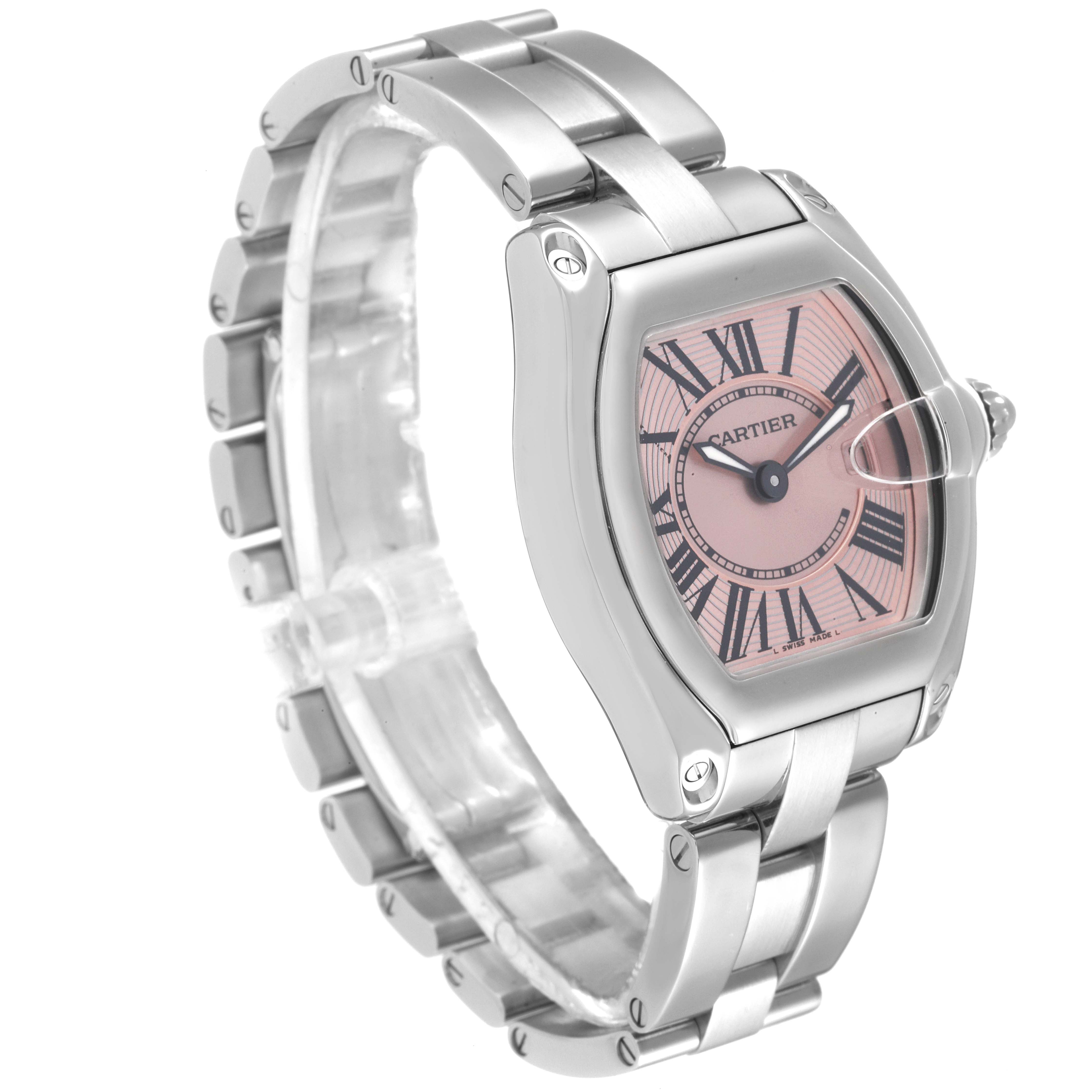 This image shows a Cartier Roadster W62017V3 Women's Stainless Steel Pink Dial W62017V3 Women's Stainless Steel Pink Dial watch at a three-quarter angle, highlighting its bracelet, casing, and pink Roman numeral dial.