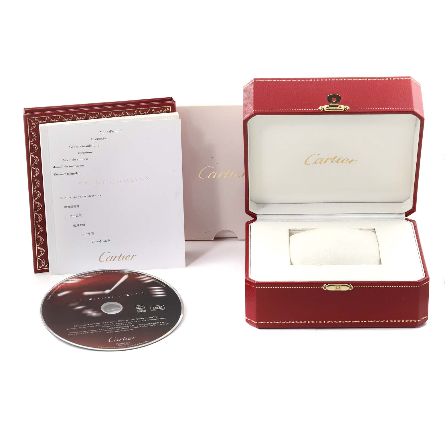 This image shows the packaging, user manual, and CD for the Cartier Roadster W62017V3 Women's Stainless Steel Pink Dial W62017V3 Women's Stainless Steel Pink Dial watch, including the open and closed boxes.