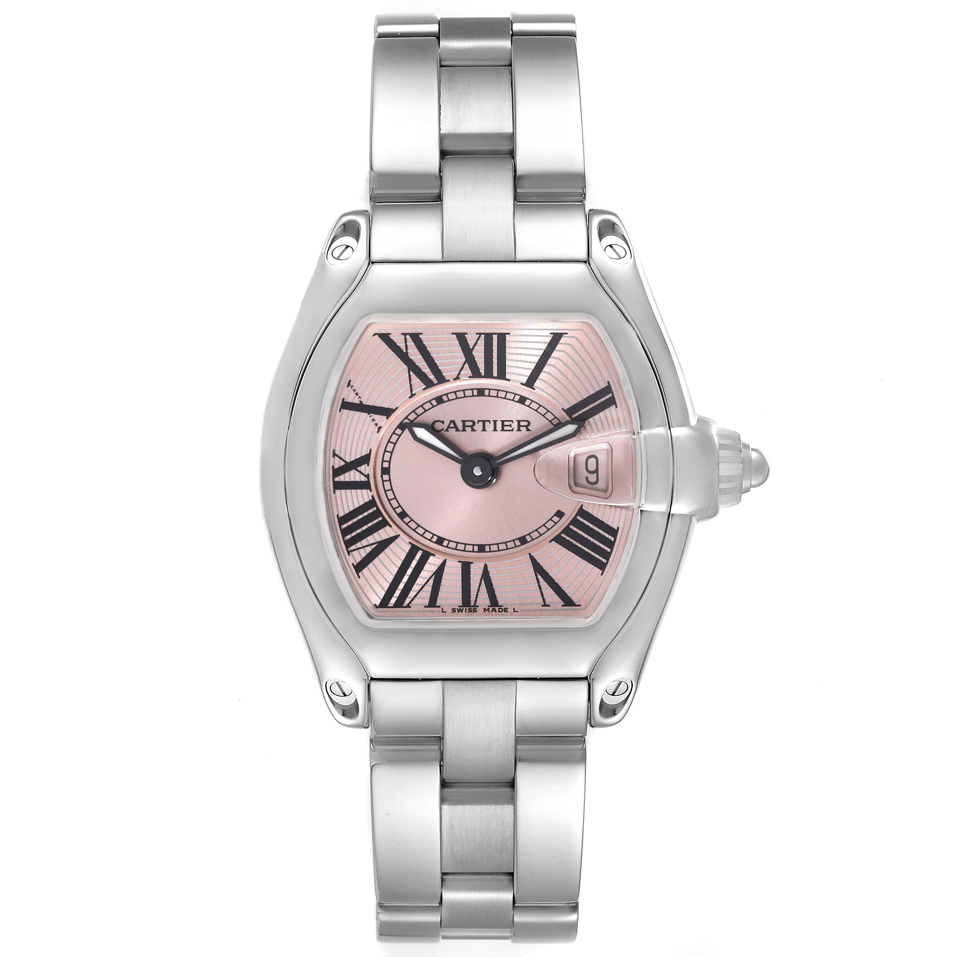 The Cartier Roadster W62017V3 Women's Stainless Steel Pink Dial W62017V3 Women's Stainless Steel Pink Dial watch is shown from the front, displaying its pink dial, Roman numerals, date window, and metal bracelet.