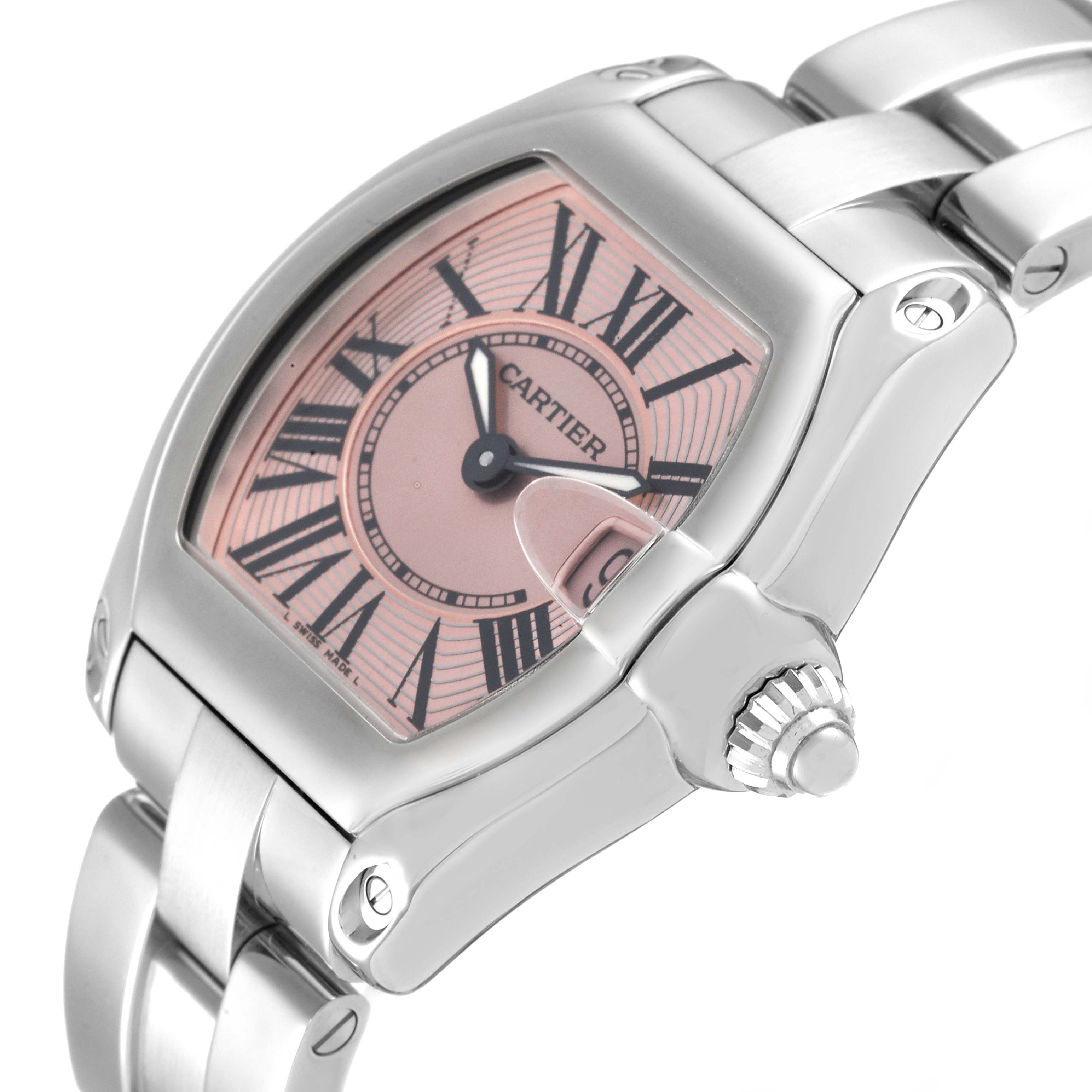 This image shows a side angle view of a Cartier Roadster W62017V3 Women's Stainless Steel Pink Dial W62017V3 Women's Stainless Steel Pink Dial watch, highlighting its face, bracelet, and crown.
