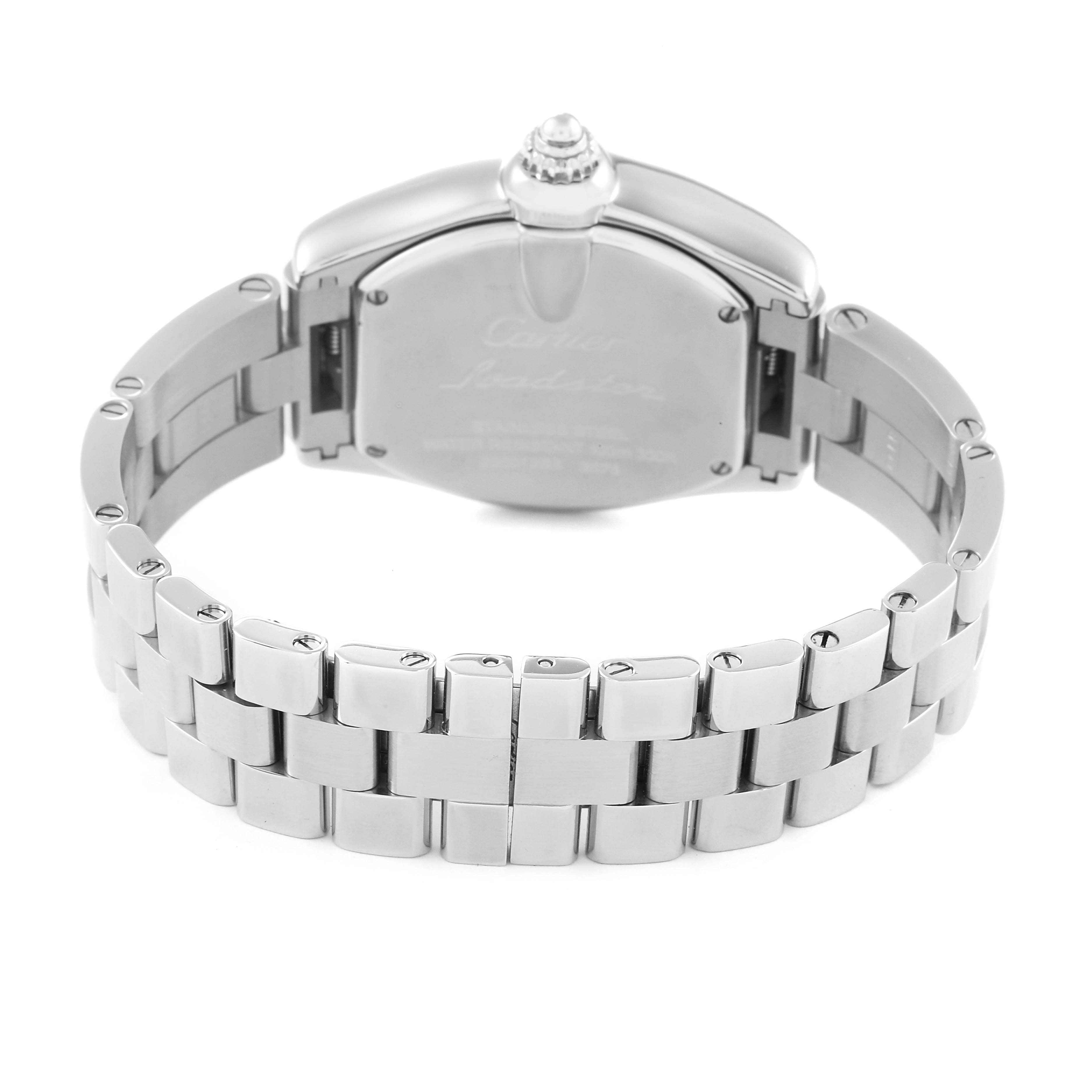 The image shows the back view of a Cartier Roadster W62017V3 Women's Stainless Steel Pink Dial W62017V3 Women's Stainless Steel Pink Dial watch highlighting its bracelet and case back.