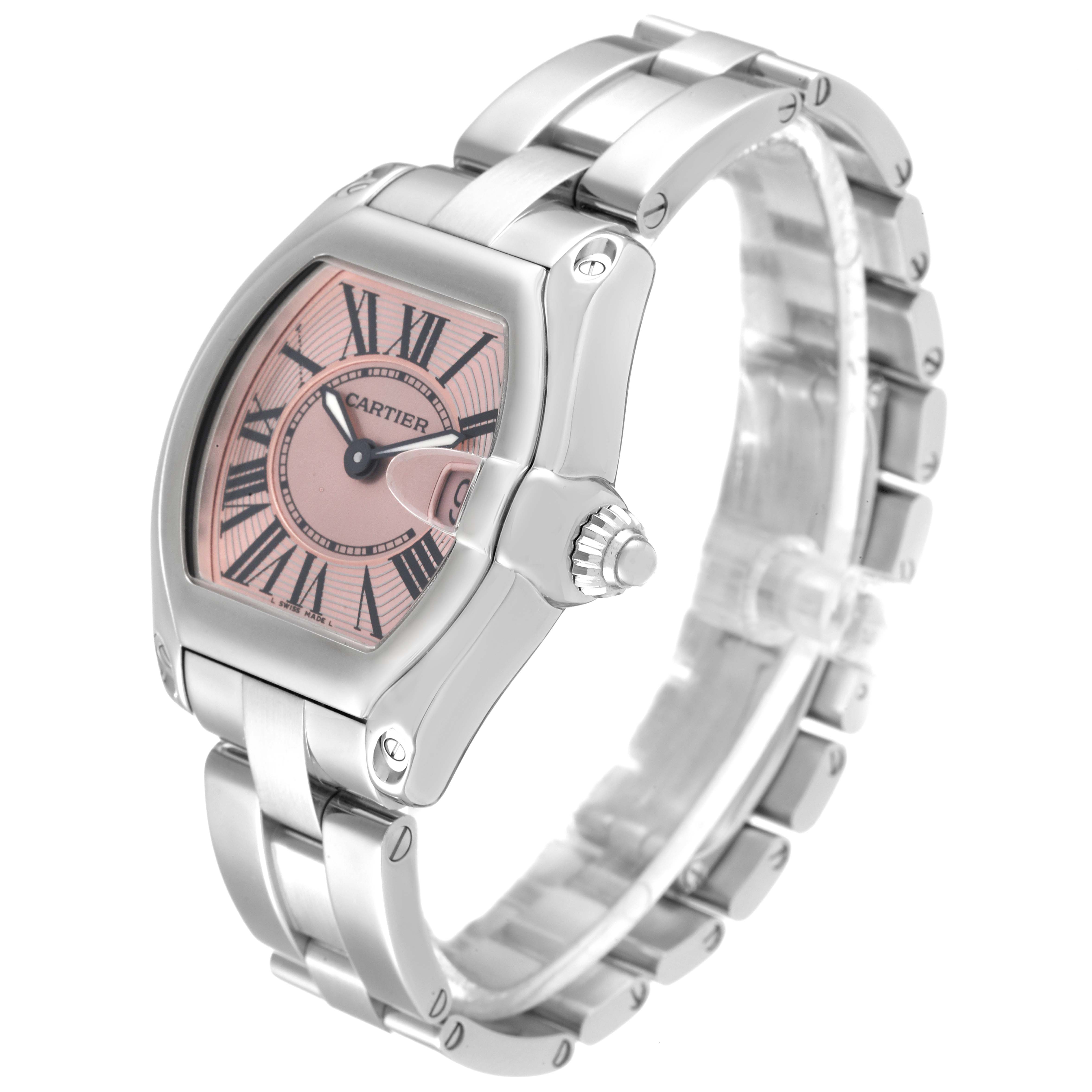 The Cartier Roadster W62017V3 Women's Stainless Steel Pink Dial W62017V3 Women's Stainless Steel Pink Dial watch is shown at an angled view, highlighting the face, bezel, bracelet, and crown.