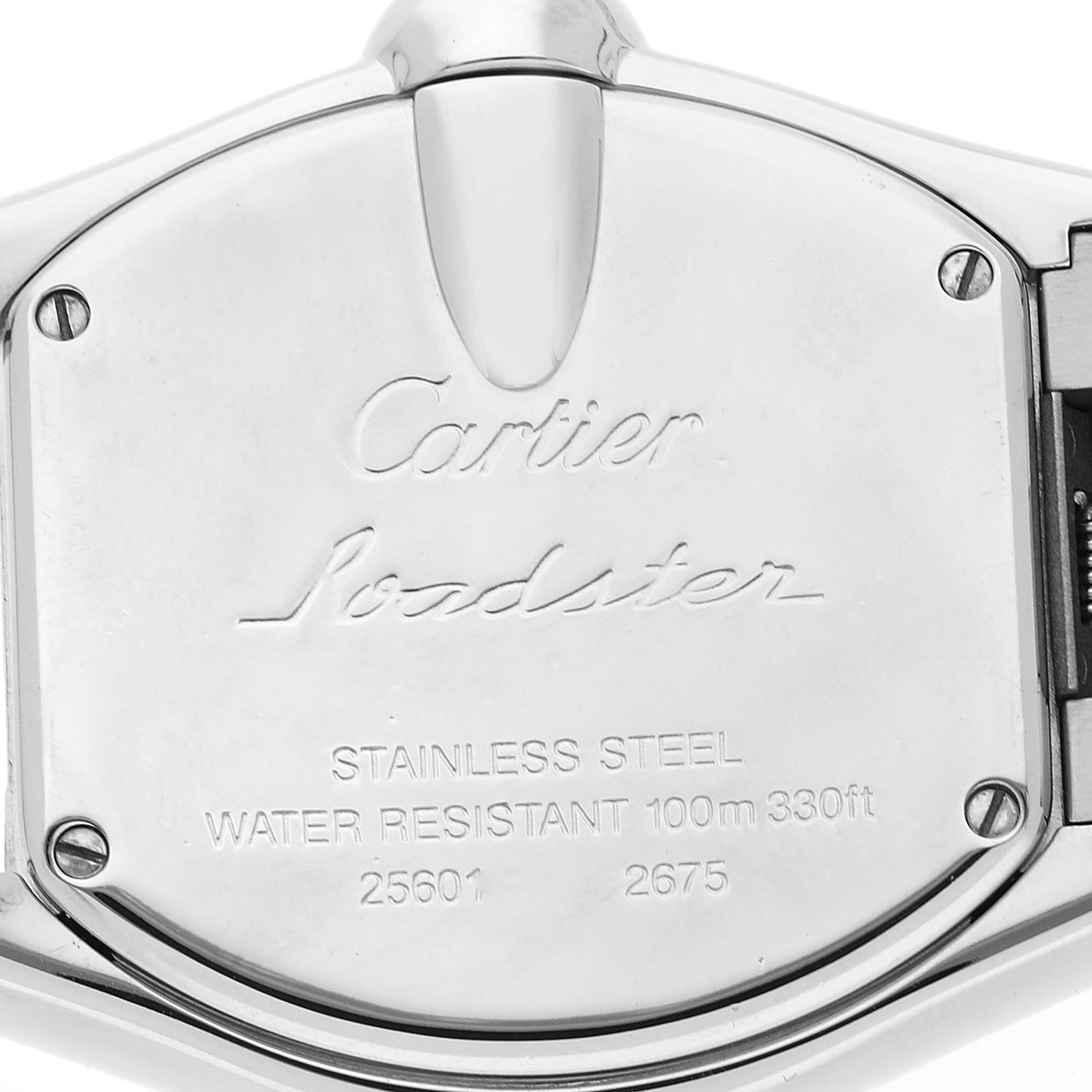 This is the back view of a Cartier Roadster W62017V3 Women's Stainless Steel Pink Dial W62017V3 Women's Stainless Steel Pink Dial watch, displaying the stainless steel case and engraved details.