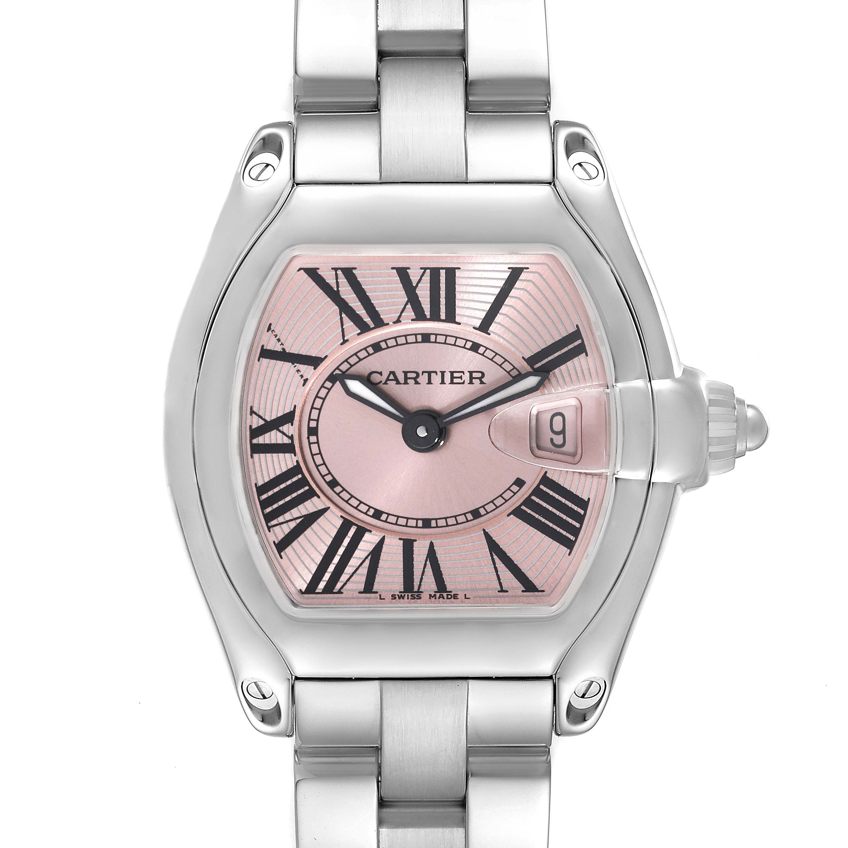 This image shows the front view of a Cartier Roadster W62017V3 Women's Stainless Steel Pink Dial W62017V3 Women's Stainless Steel Pink Dial watch, highlighting its dial, bracelet, and crown.