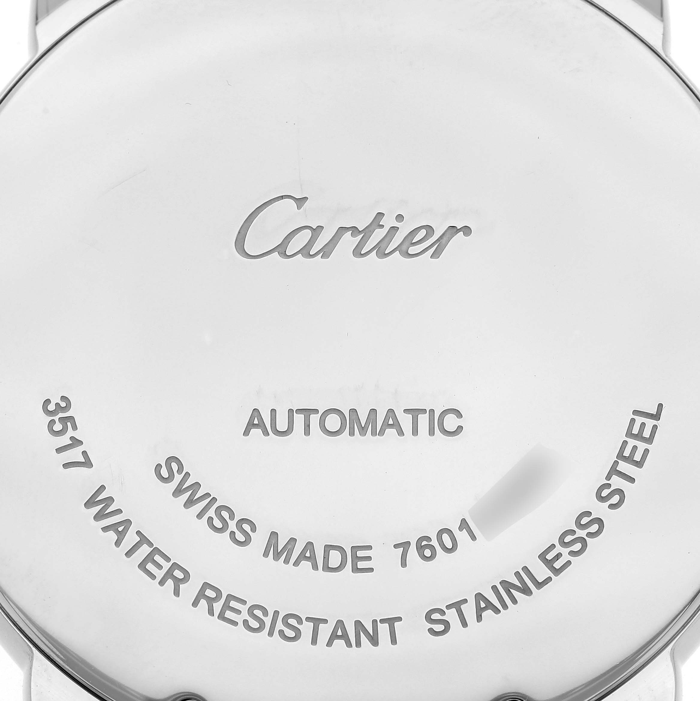The image shows the back of the Cartier Ronde W6701011 Men's Stainless Steel Silver Dial W6701011 Men's Stainless Steel Silver Dial watch, displaying engraving and specifications.