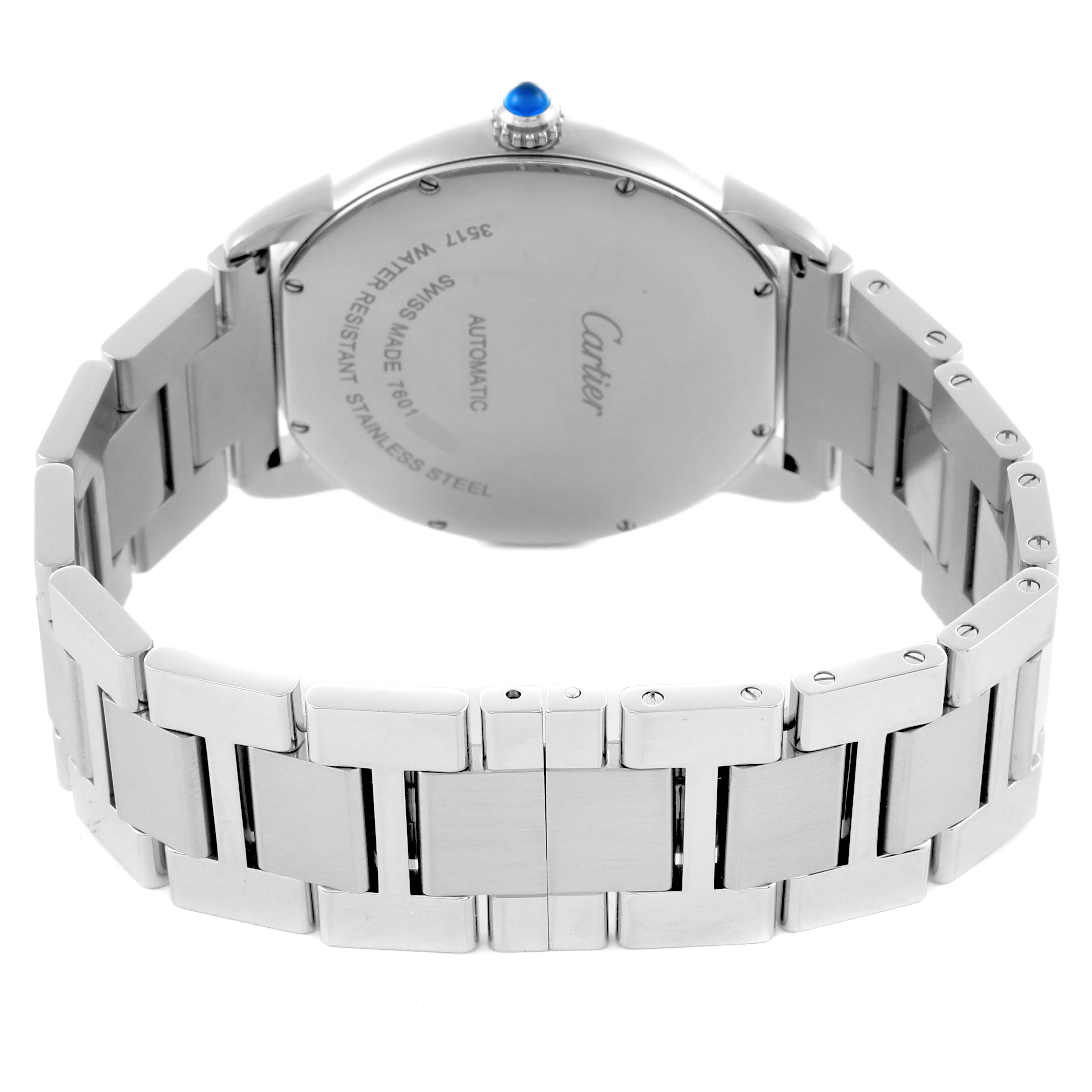 The Cartier Ronde W6701011 Men's Stainless Steel Silver Dial W6701011 Men's Stainless Steel Silver Dial watch is shown from the back, highlighting the stainless steel bracelet and the case back details.