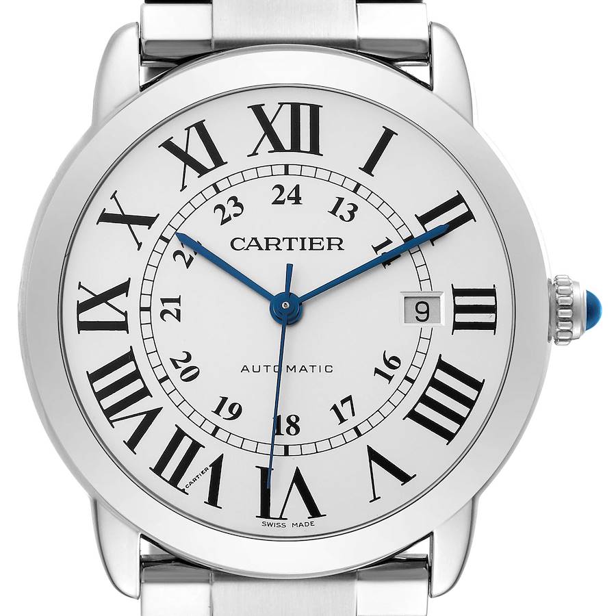 The Ronde model by Cartier is shown from the front, highlighting the dial, Roman numerals, and date window.